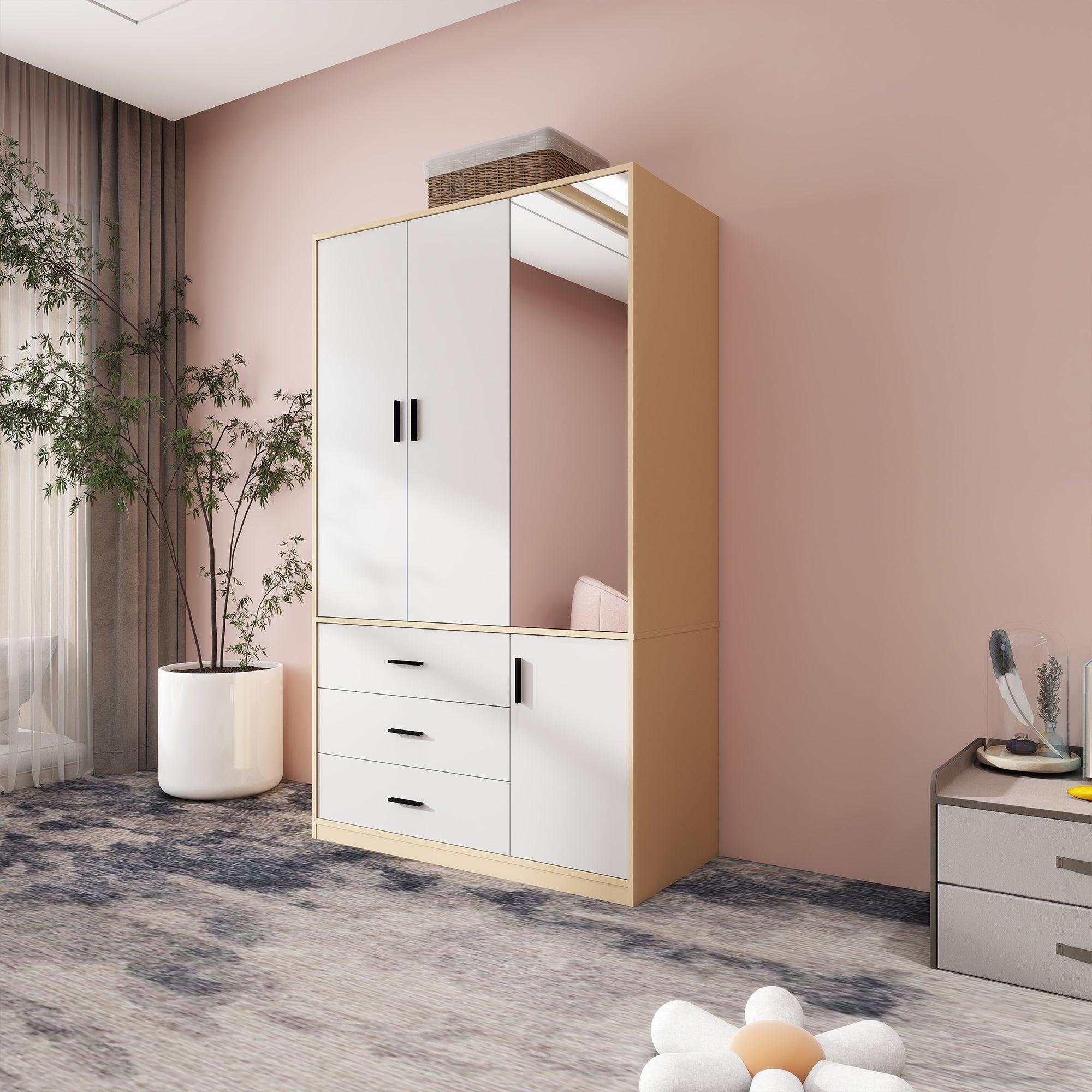 Mirror Armoire Wardrobe Closet | 3-Door White Wooden Freestanding Wardrobe with Hanging Rod & Storage Shelves - PRHOMZ