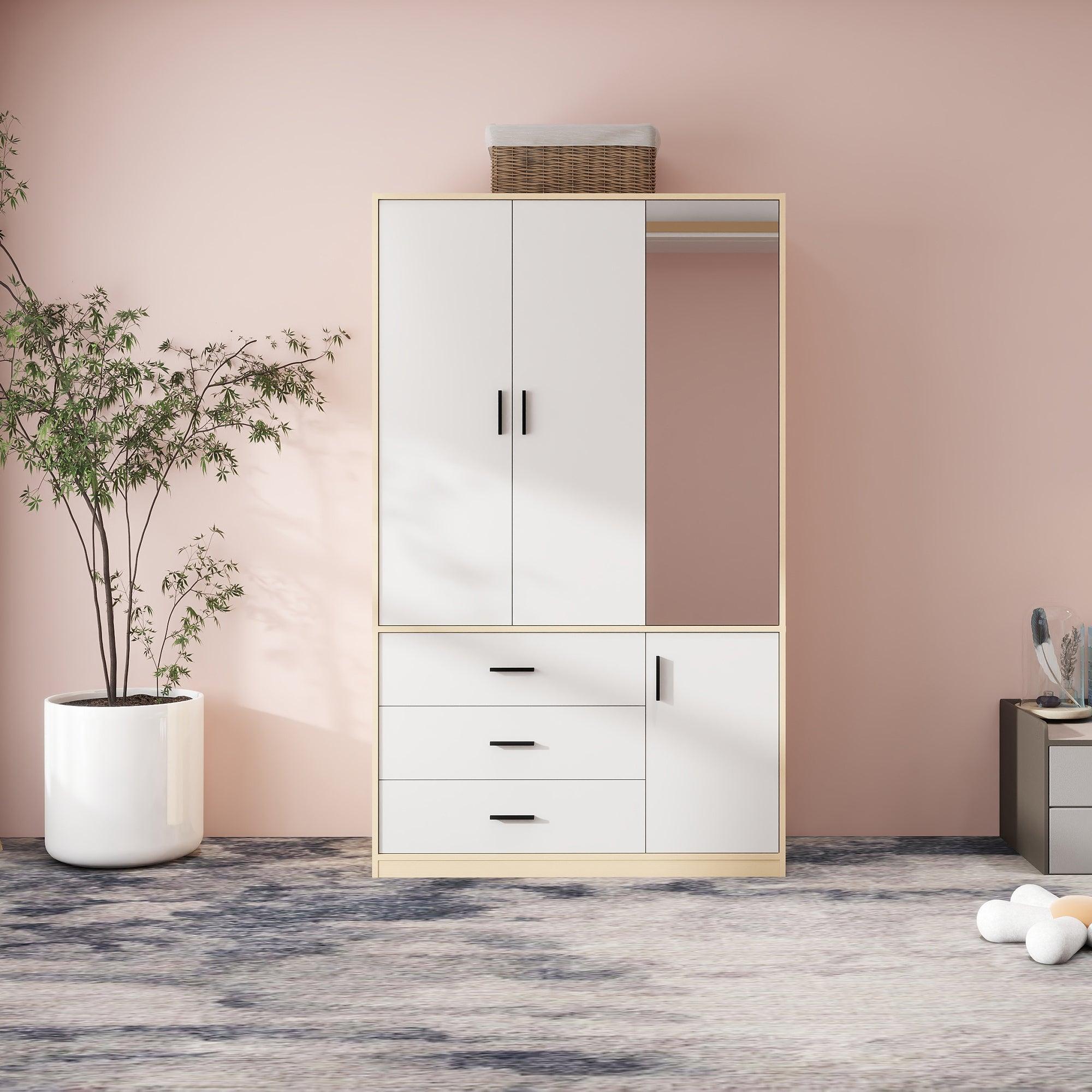 Mirror Armoire Wardrobe Closet | 3-Door White Wooden Freestanding Wardrobe with Hanging Rod & Storage Shelves - PRHOMZ