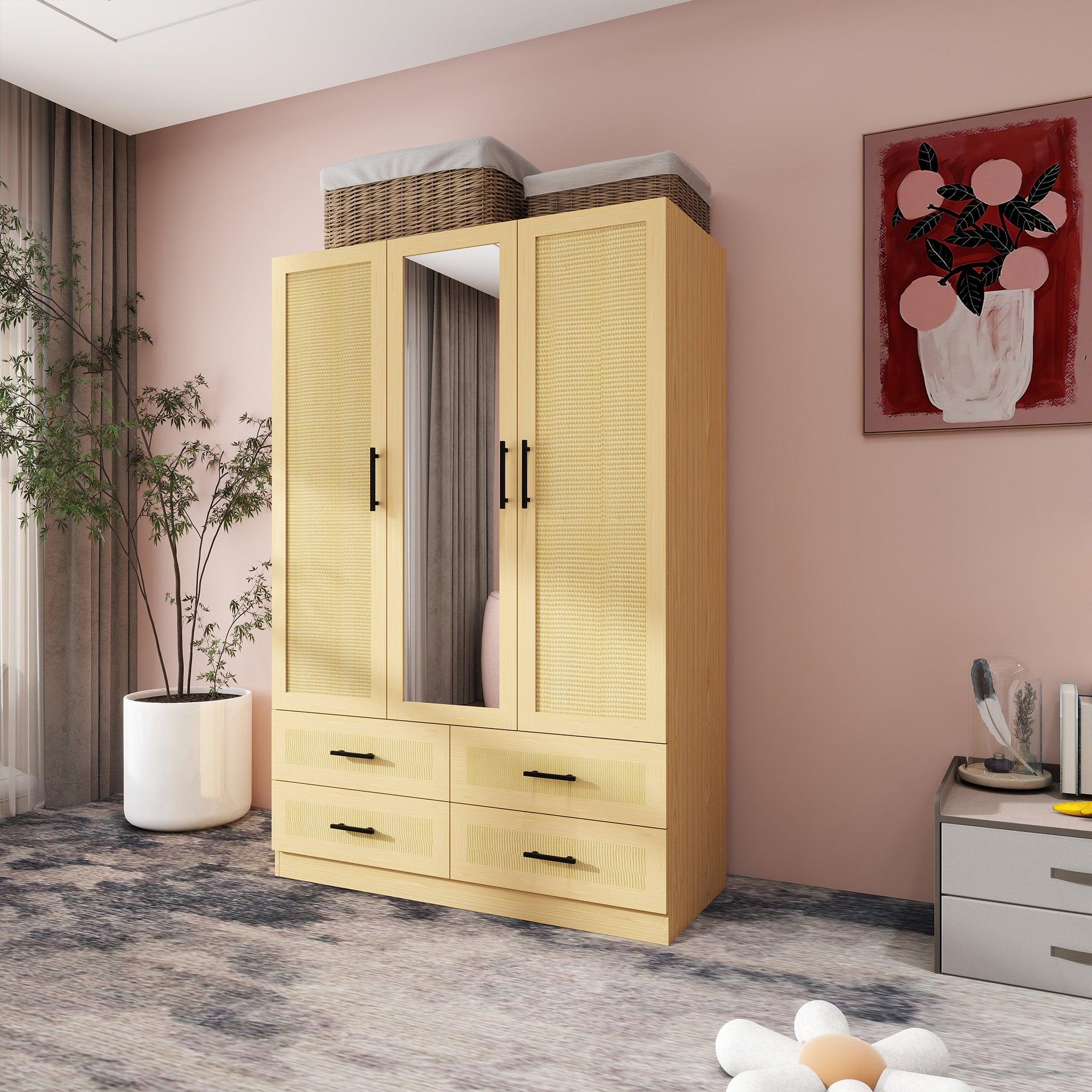 Rattan Wardrobe Closet with 3 Doors & Mirror | 71" H Wooden Armoire Cabinet with Hanging Rod for Bedroom - PRHOMZ