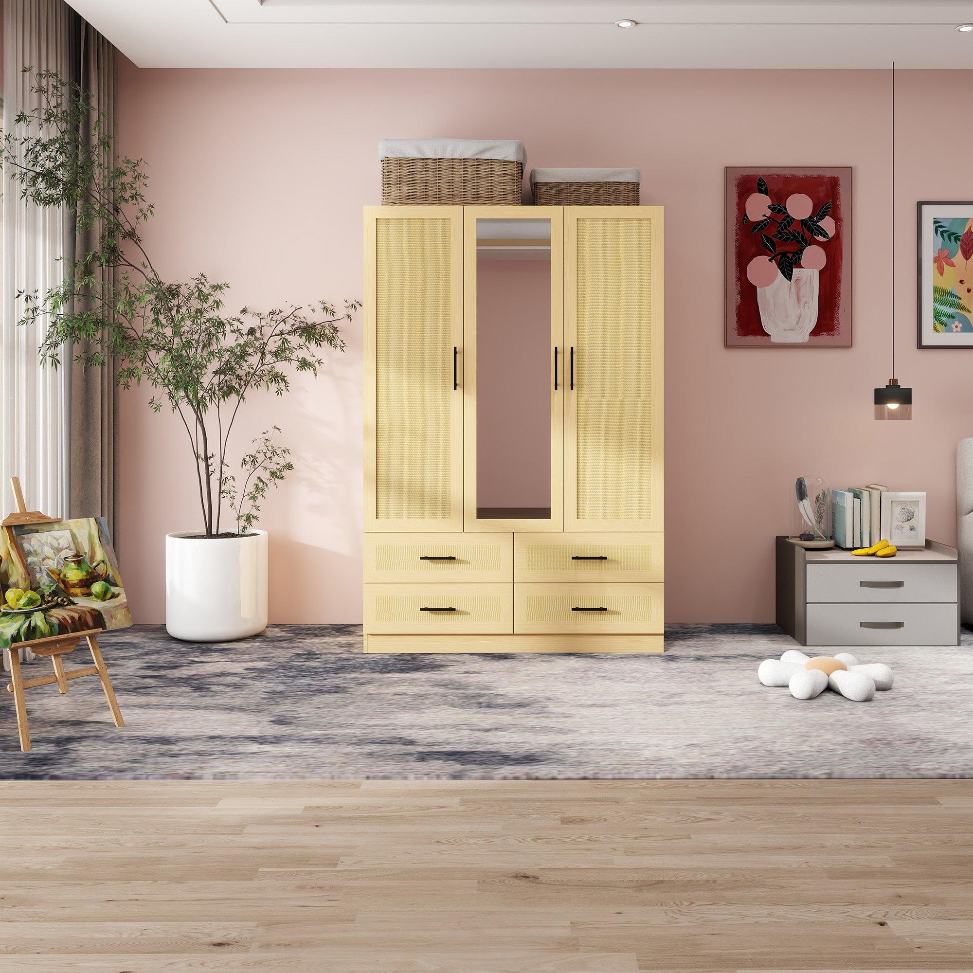 Natural Rattan Armoire Wardrobe – Wood 4-Door, 4-Drawer Closet with Mirrors, Hanging Rod & Shelves - PRHOMZ