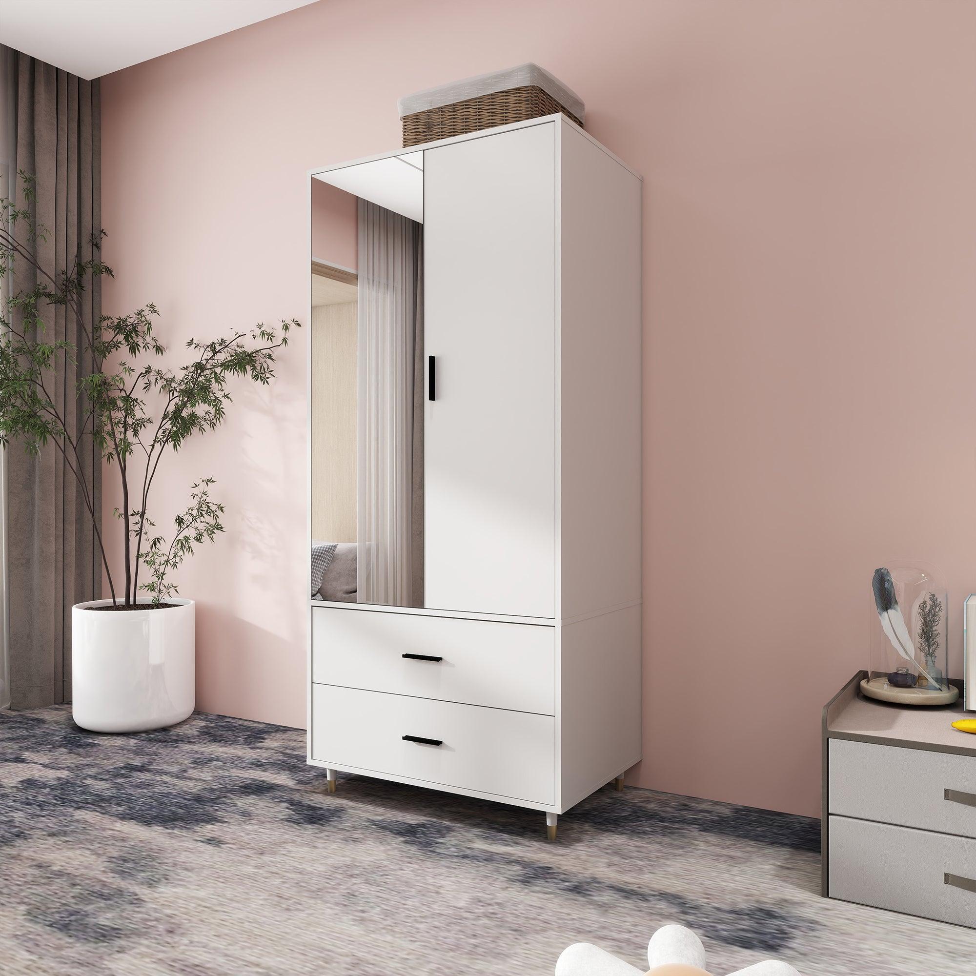 White Wooden Armoire Wardrobe – Tall 2-Door Closet with Mirror, Drawers, Hanging Rods & Shelves - PRHOMZ