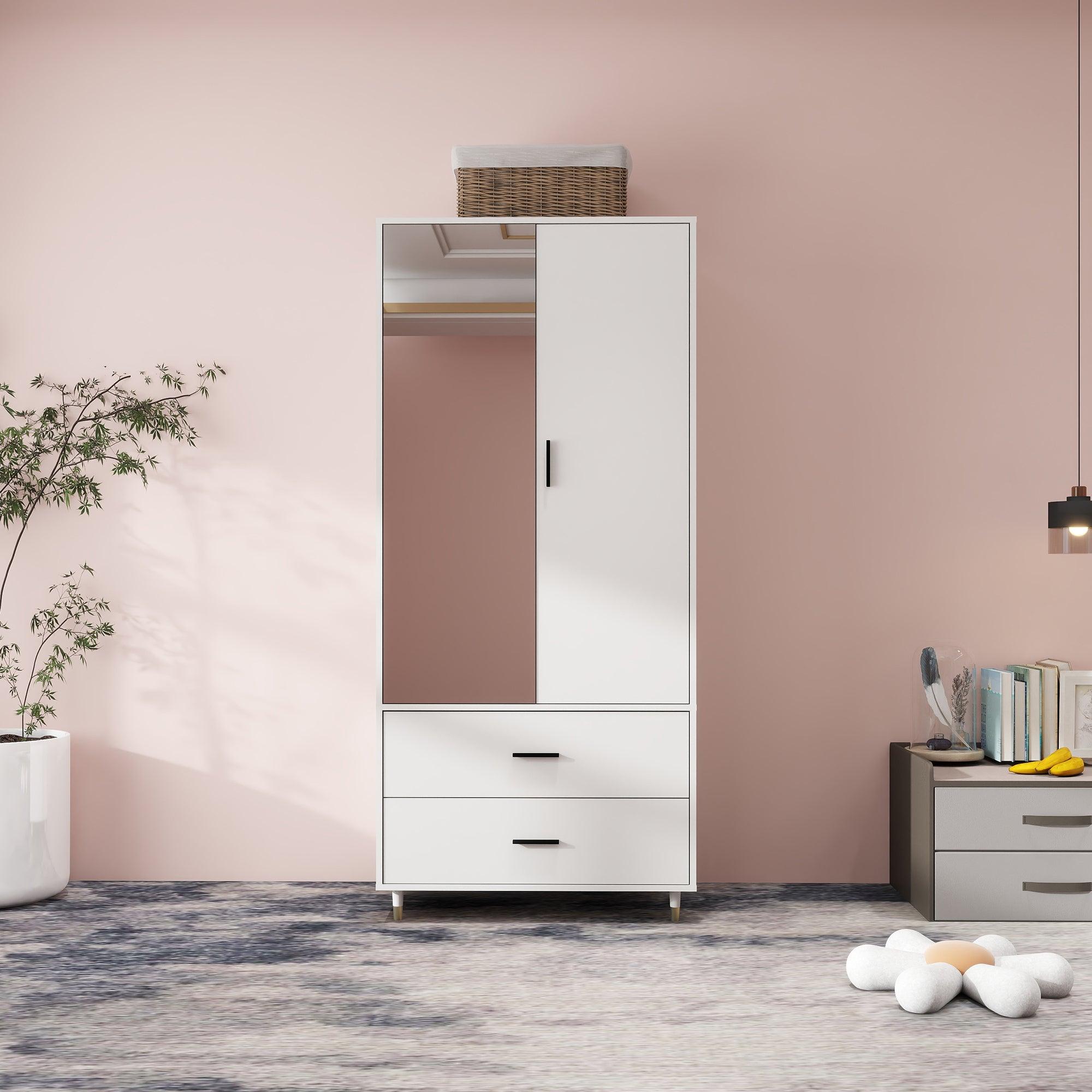 White Wooden Armoire Wardrobe – Tall 2-Door Closet with Mirror, Drawers, Hanging Rods & Shelves - PRHOMZ