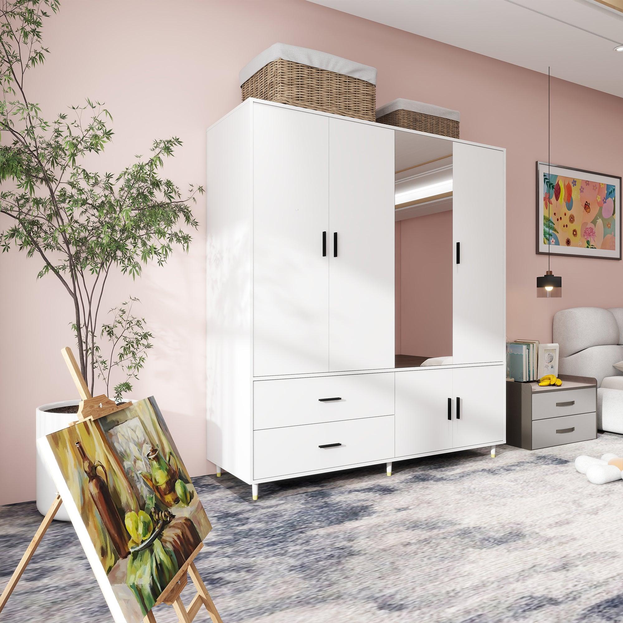 White Wood Armoire Wardrobe – 4-Door Closet with Mirror, 2 Hanging Rods, Drawers & Shelves - PRHOMZ