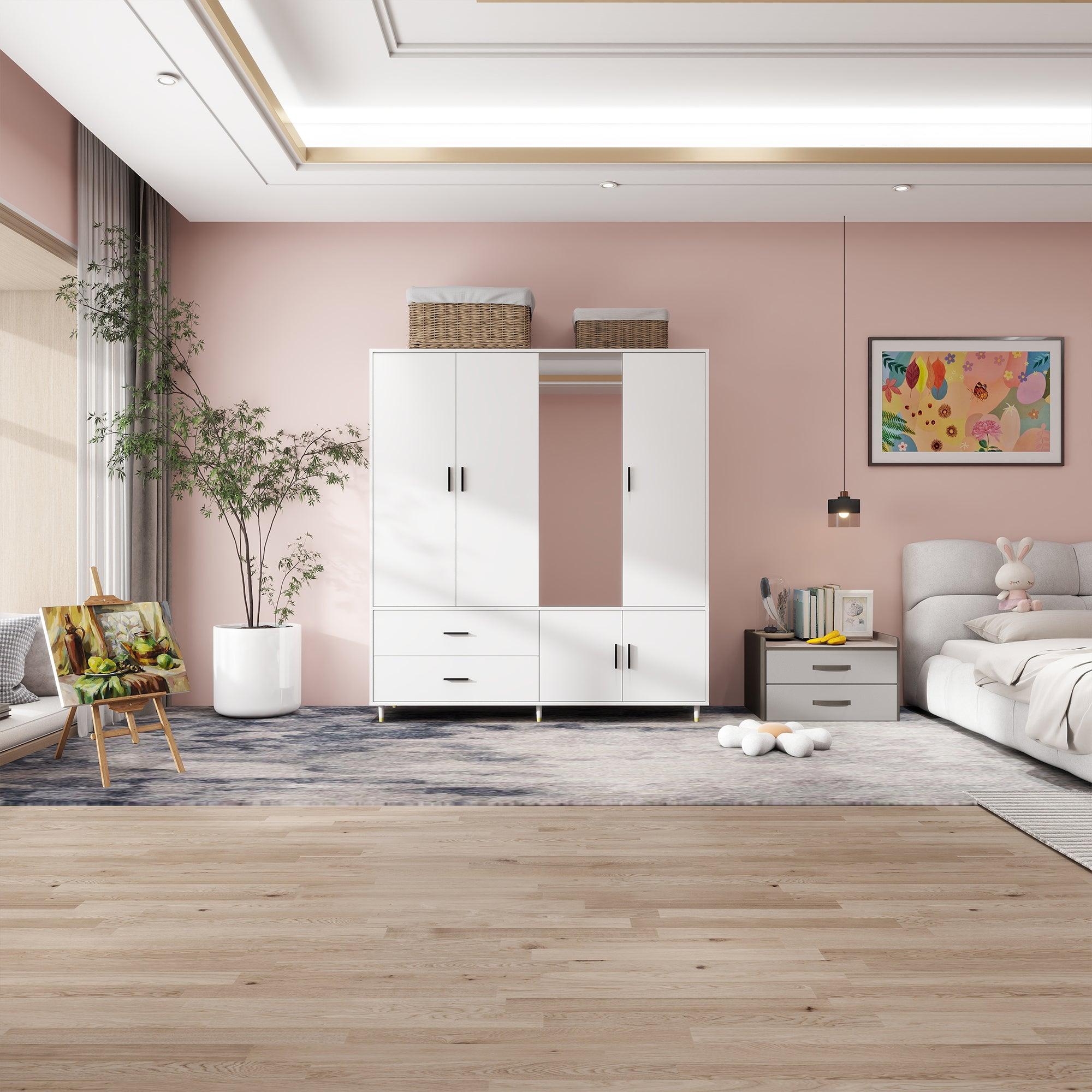 White Wood Armoire Wardrobe – 4-Door Closet with Mirror, 2 Hanging Rods, Drawers & Shelves - PRHOMZ