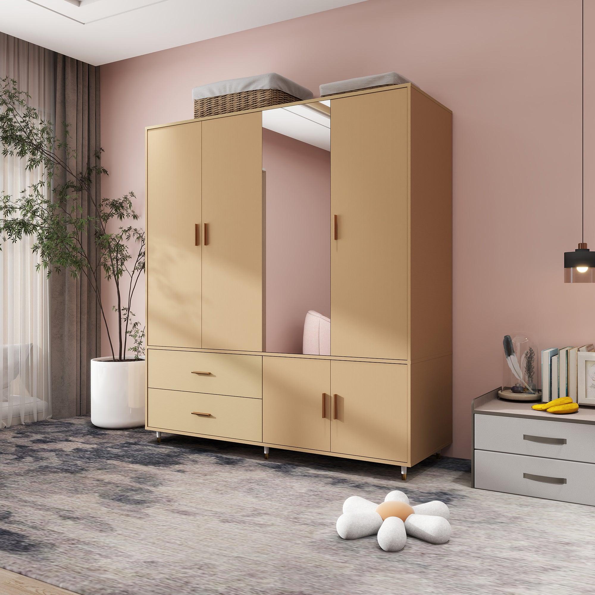 Oak Wooden Armoire Wardrobe – 4-Door Storage Cabinet with Mirror, Hanging Rods, Drawers & Shelves - PRHOMZ