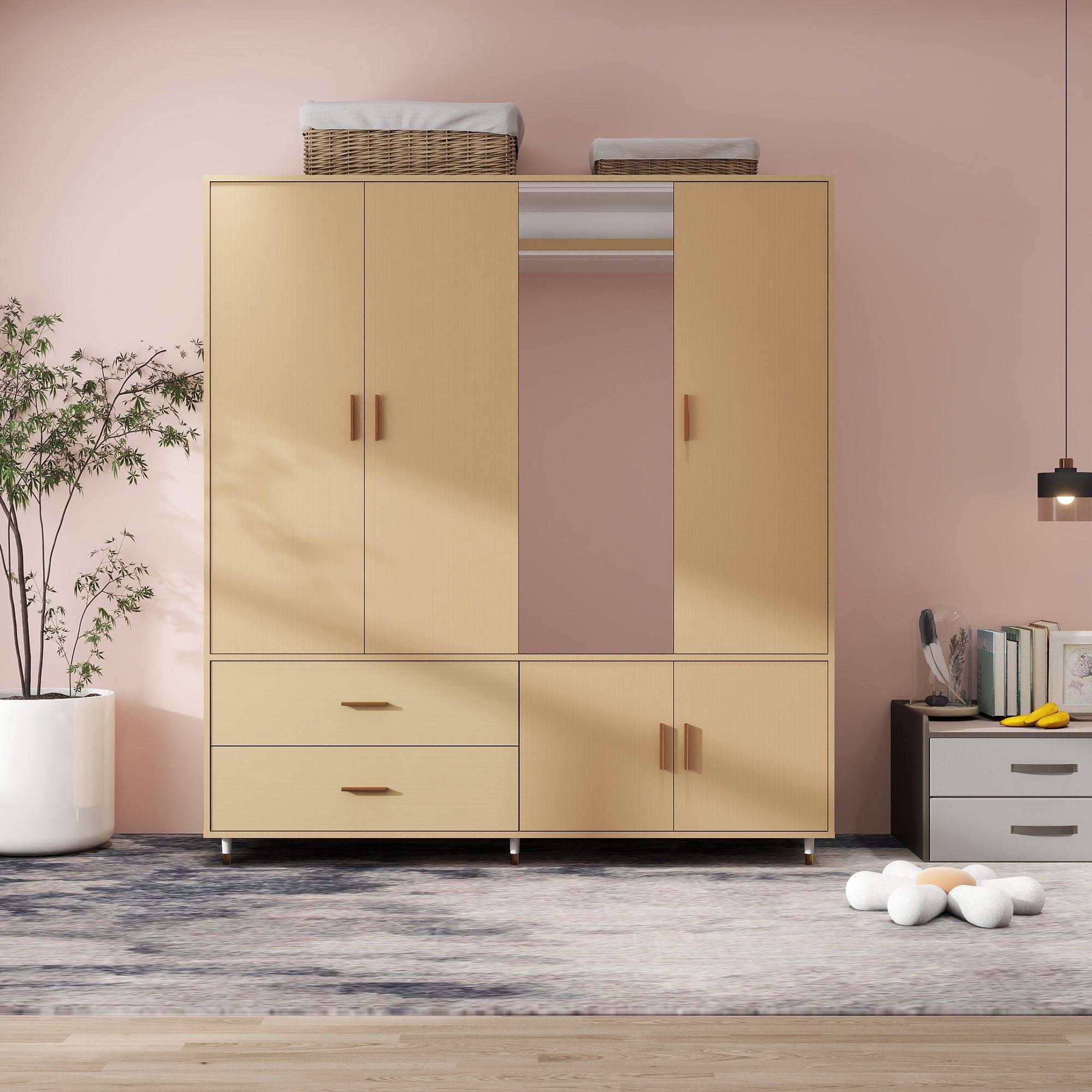 Oak Wooden Armoire Wardrobe – 4-Door Storage Cabinet with Mirror, Hanging Rods, Drawers & Shelves - PRHOMZ