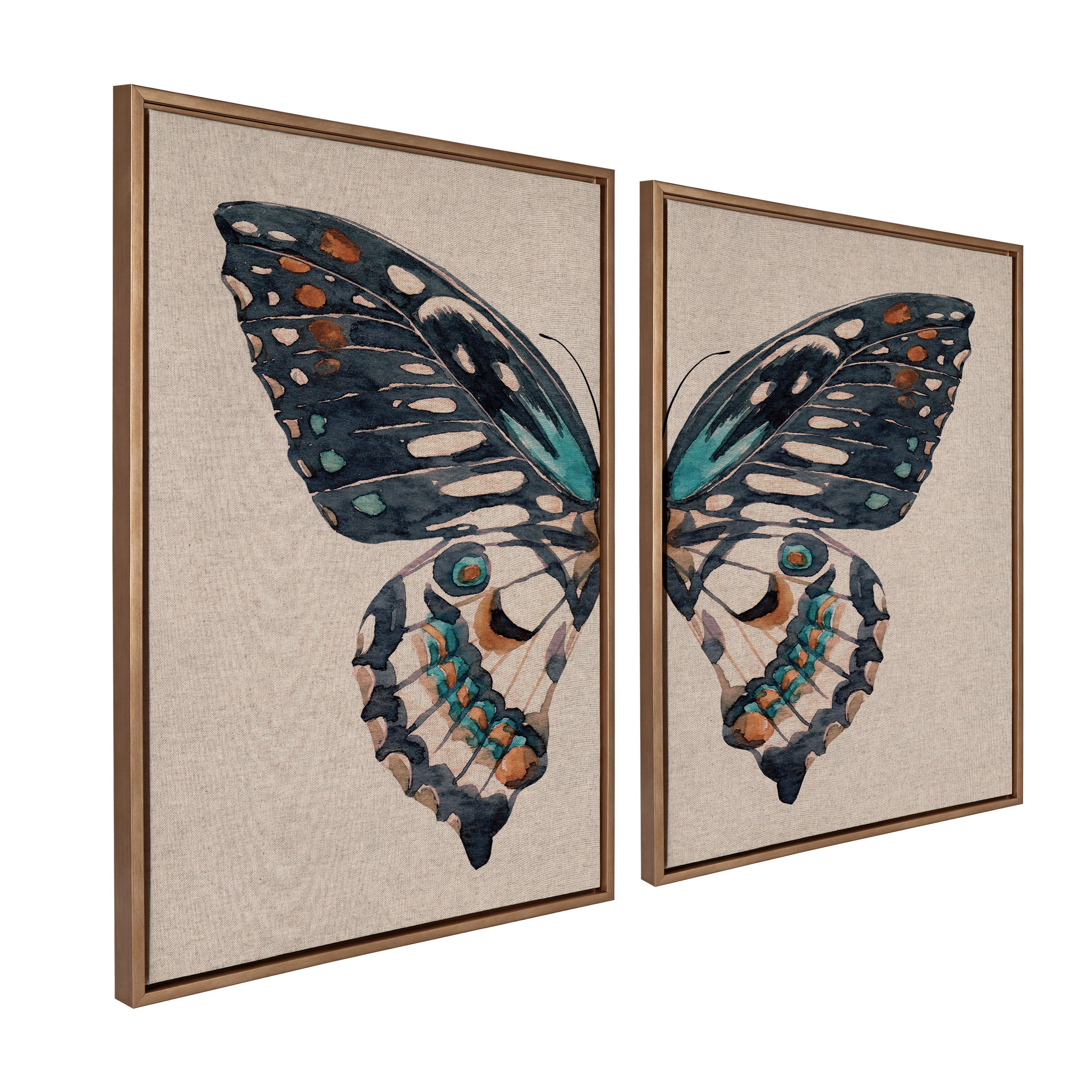 Sylvie Boho Butterfly Watercolor Diptych Neutral Linen Framed Canvas Art Set by The Creative Bunch Studio