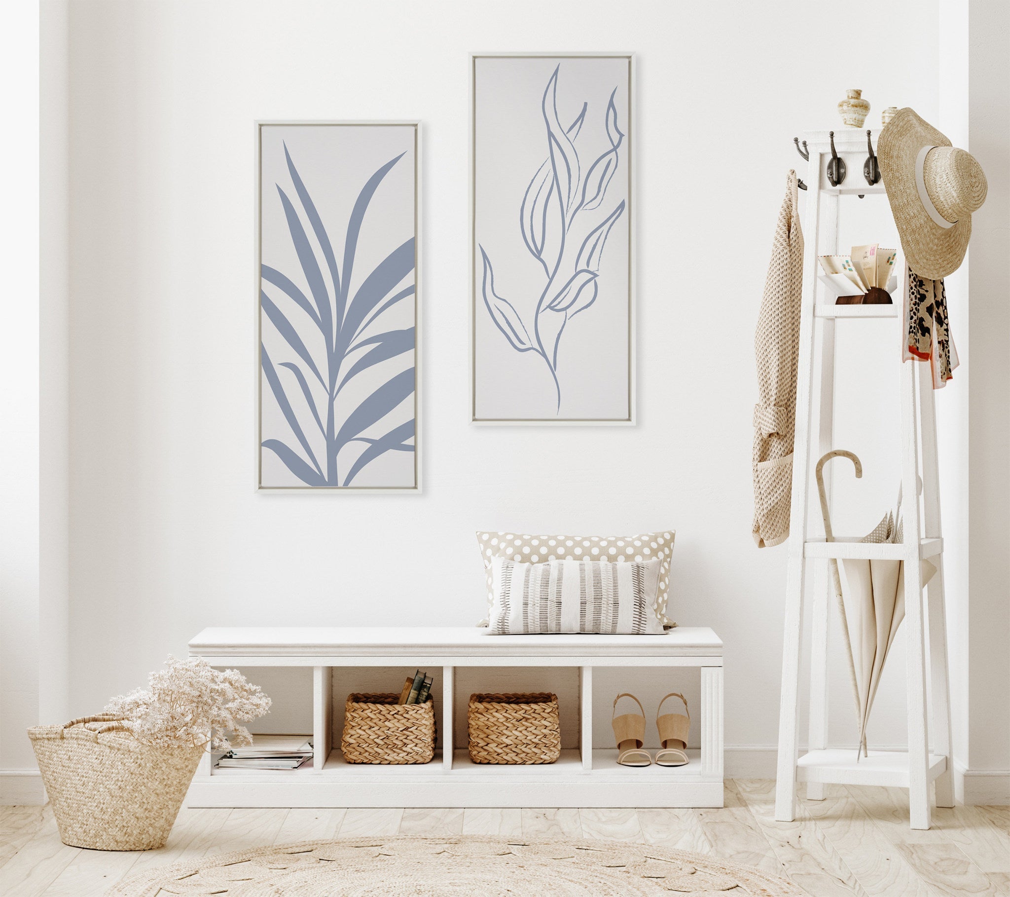 Sylvie Mid Century Retro Jungle Botanical Light Blue Framed Canvas by The Creative Bunch Studio