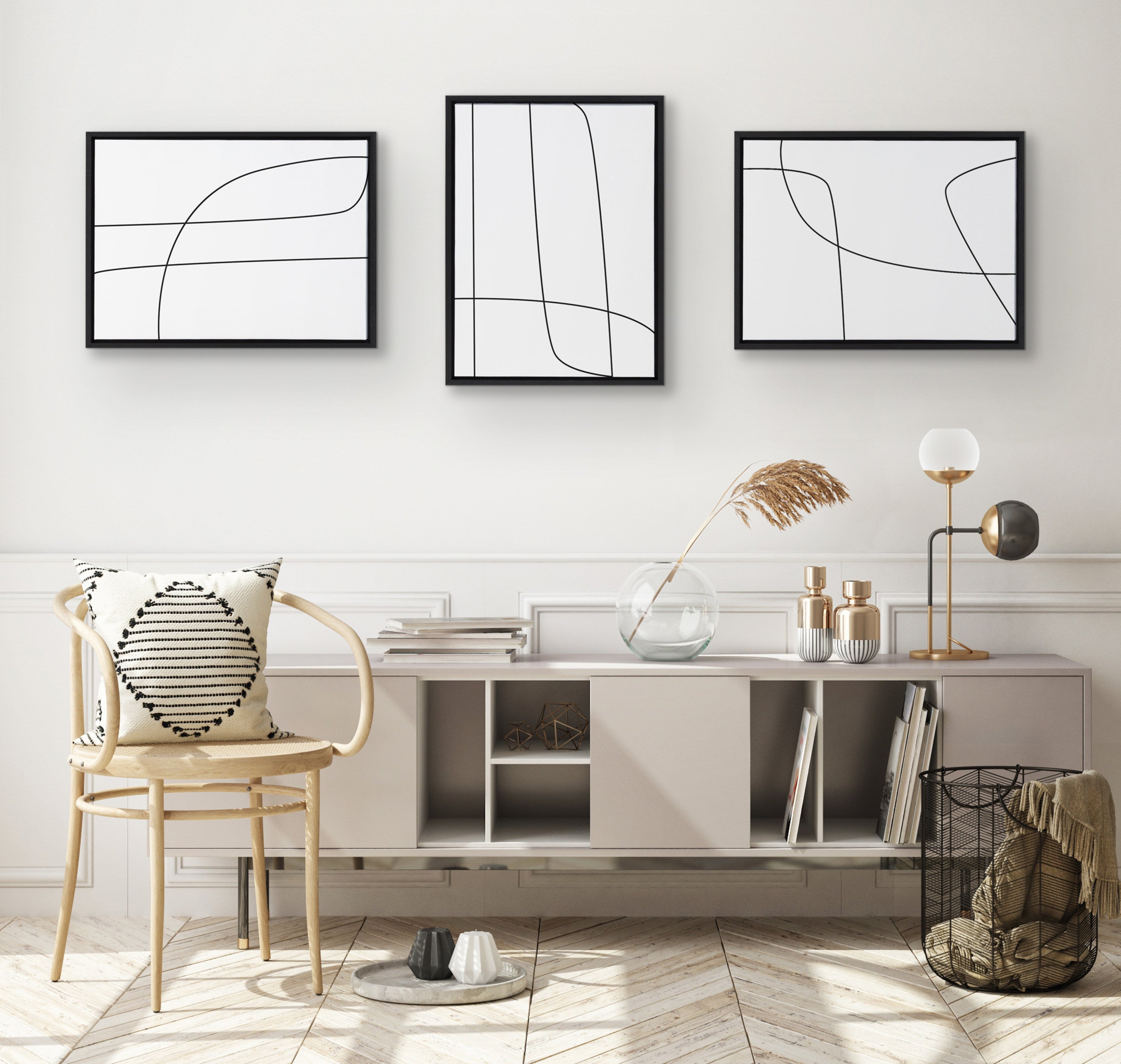 Sylvie Modern Line Abstract Black and White Framed Canvas Set by The Creative Bunch Studio