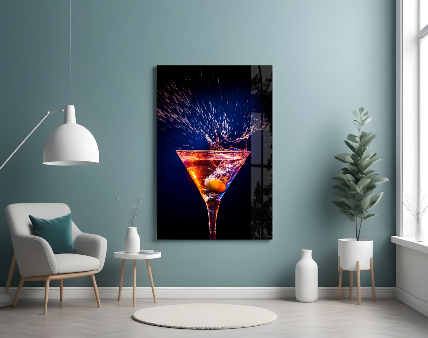 Amber Splash Martini Blue Backdrop Glass Wall Art