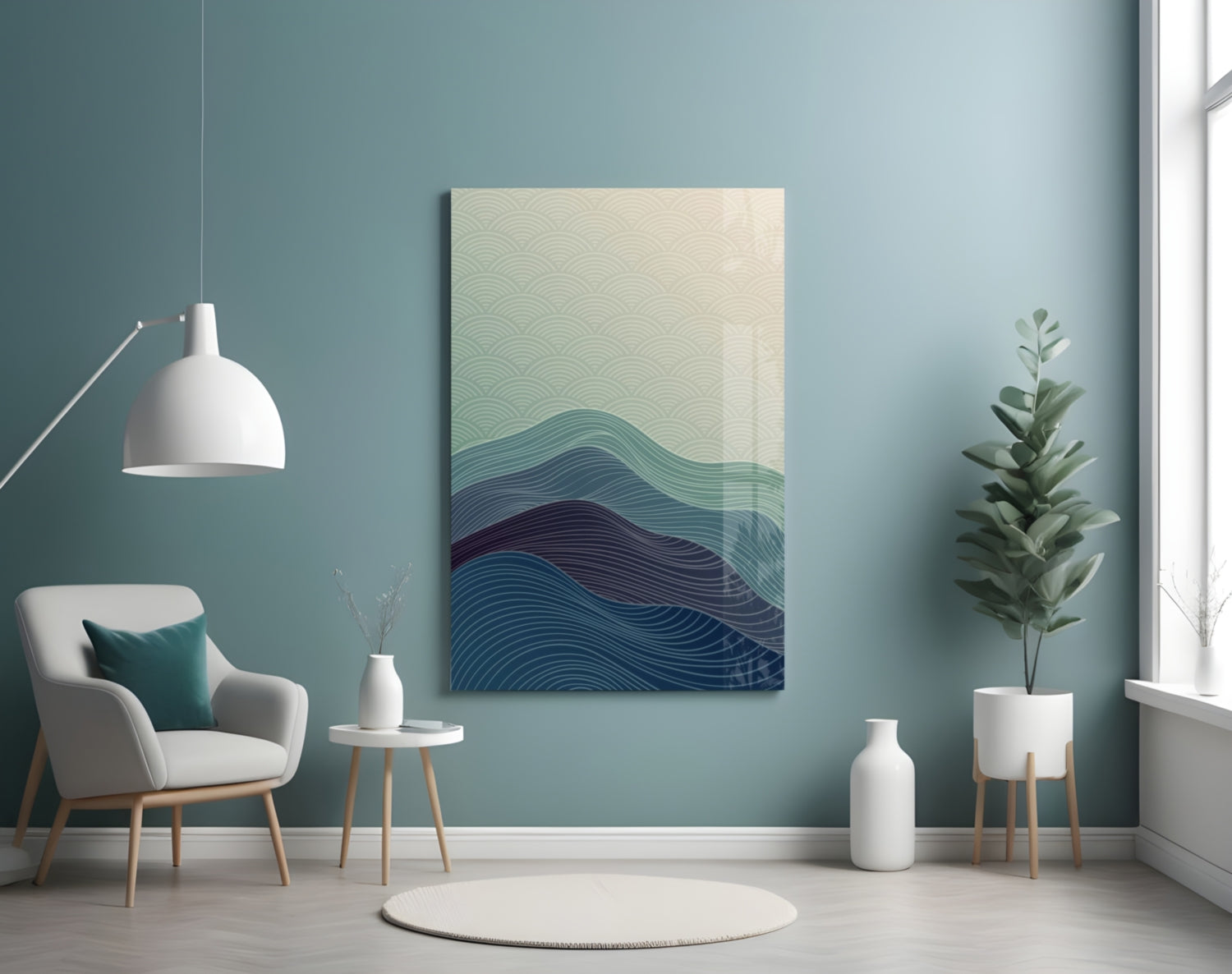 Line Art Waves Blue Teal Glass Wall Art