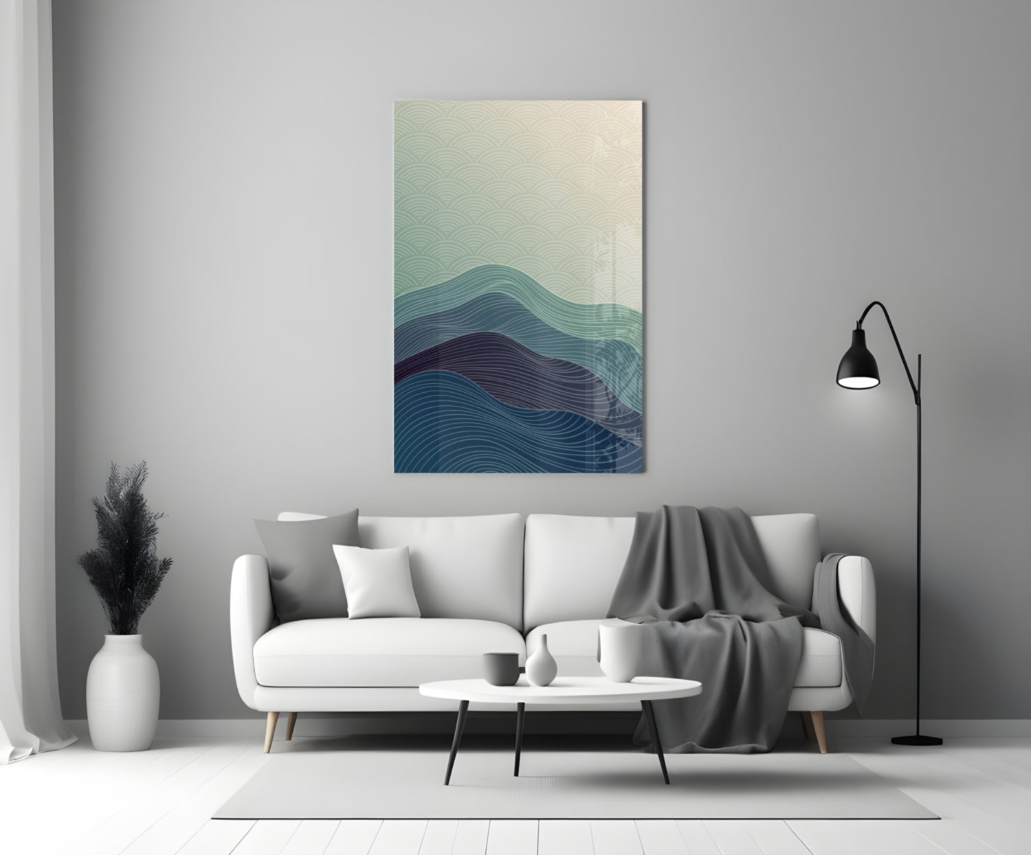 Line Art Waves Blue Teal Glass Wall Art