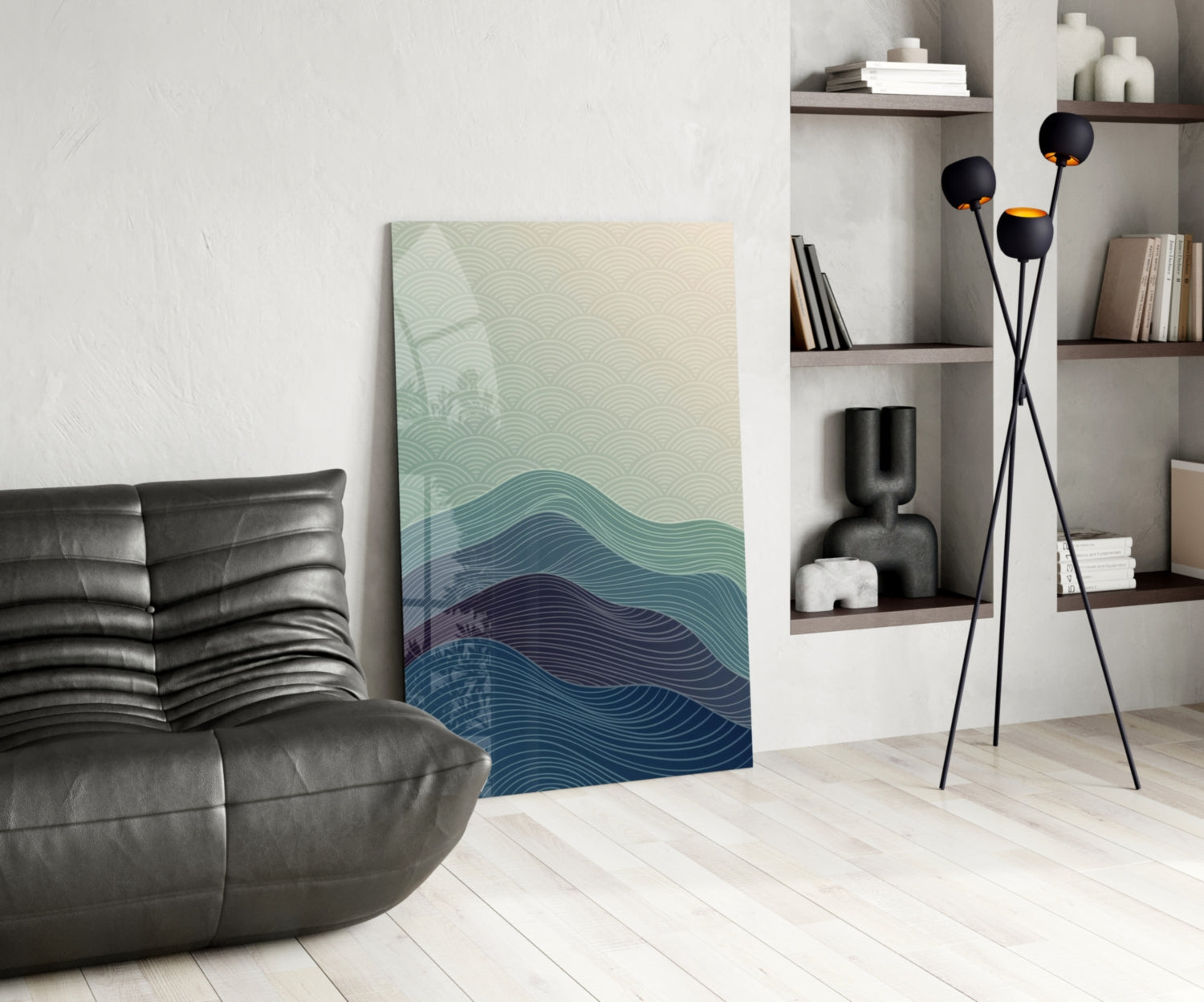 Line Art Waves Blue Teal Glass Wall Art