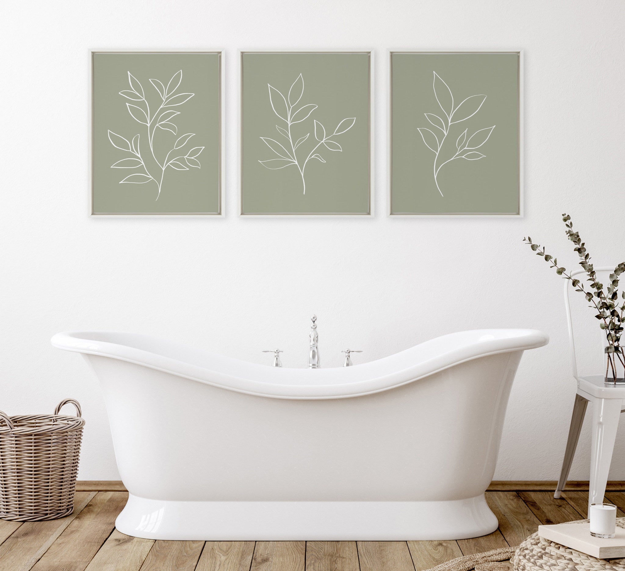Sylvie Modern Sage Green Botanical Line Sketch Print 1, 2 and 3 Framed Canvas by The Creative Bunch Studio