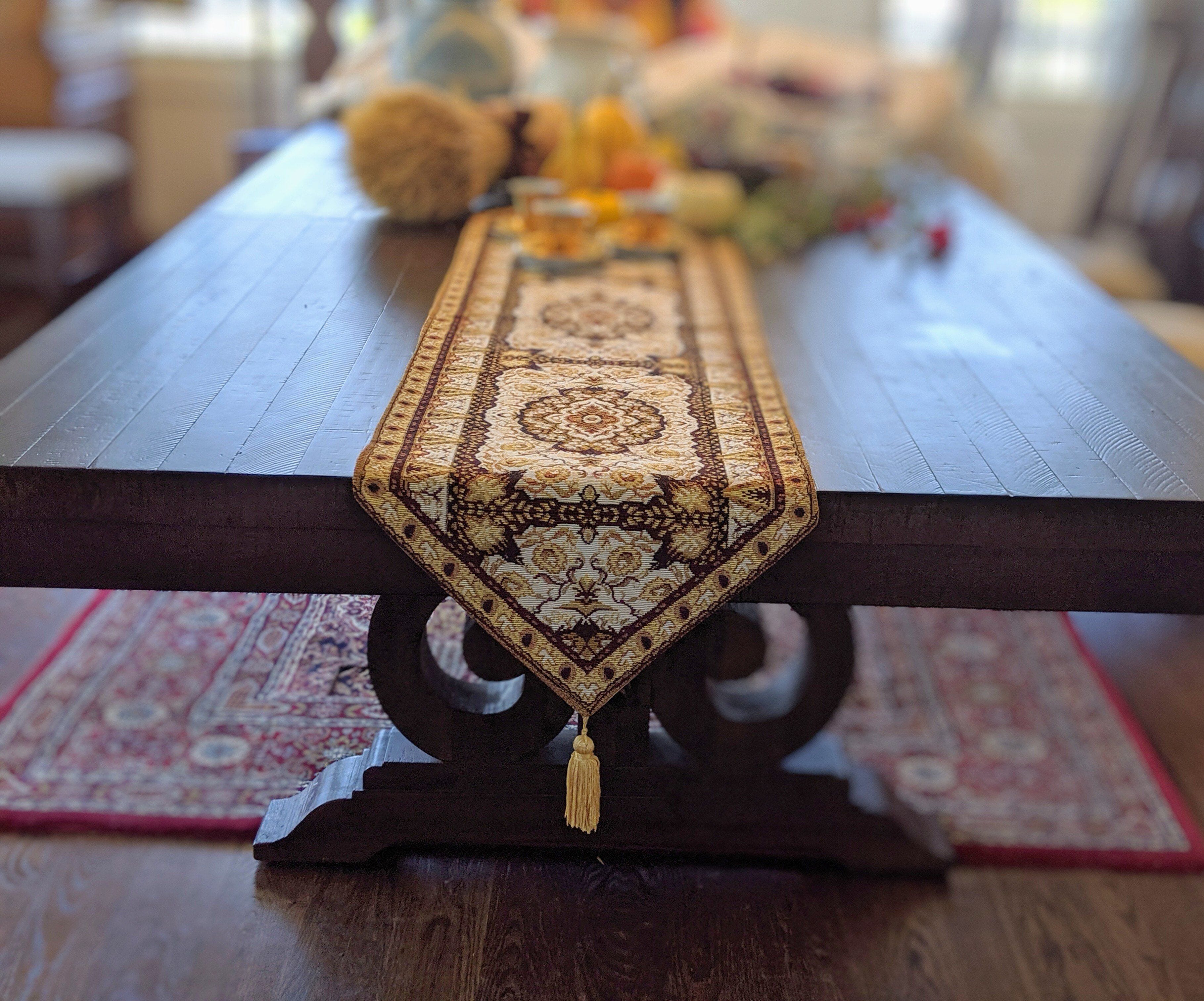 DaDa Bedding Golden Persian Style Rug Floral Brown Elegant Woven Tapestry Dining Table Runner (18119)