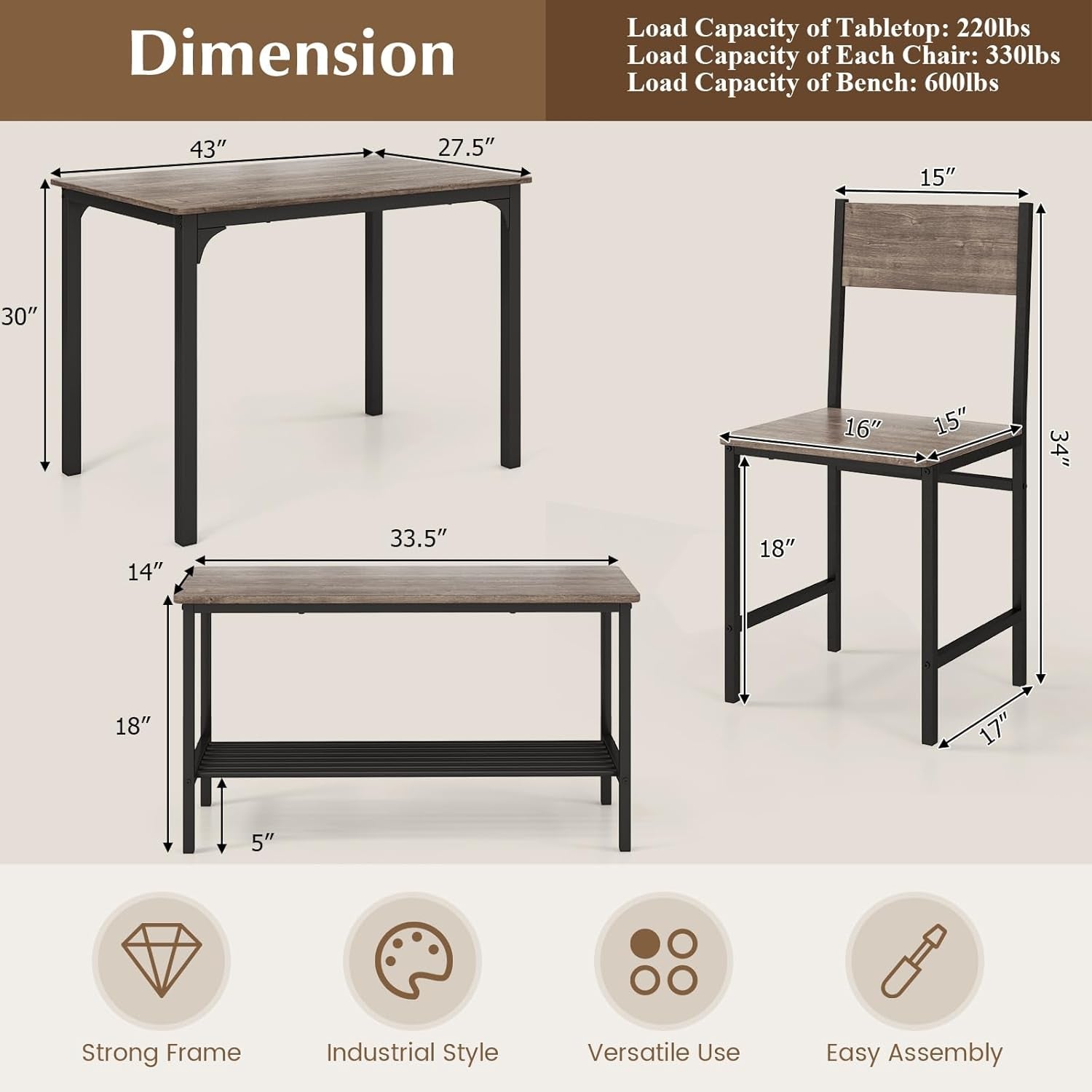 Stainless Steel Space Saving Dining Room Table Set Four