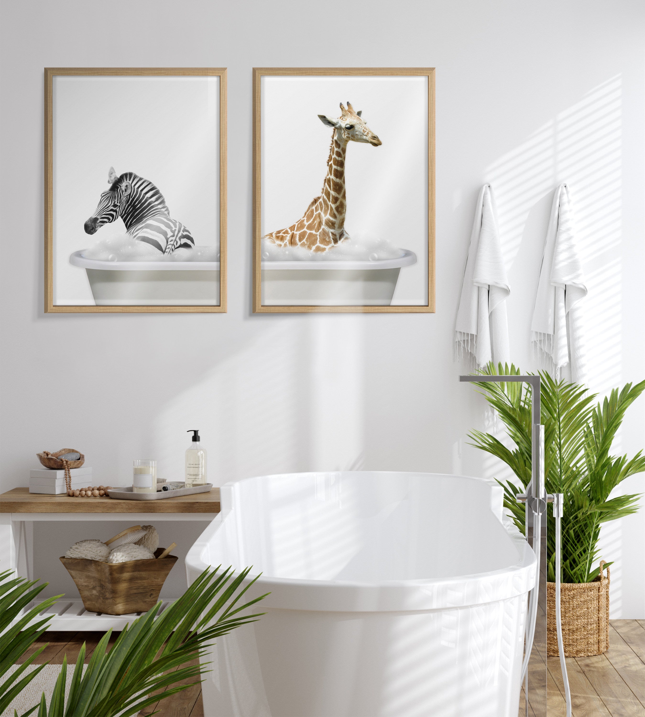 Blake Bathroom Bubble Bath Giraffe Framed Printed Glass by The Creative Bunch Studio