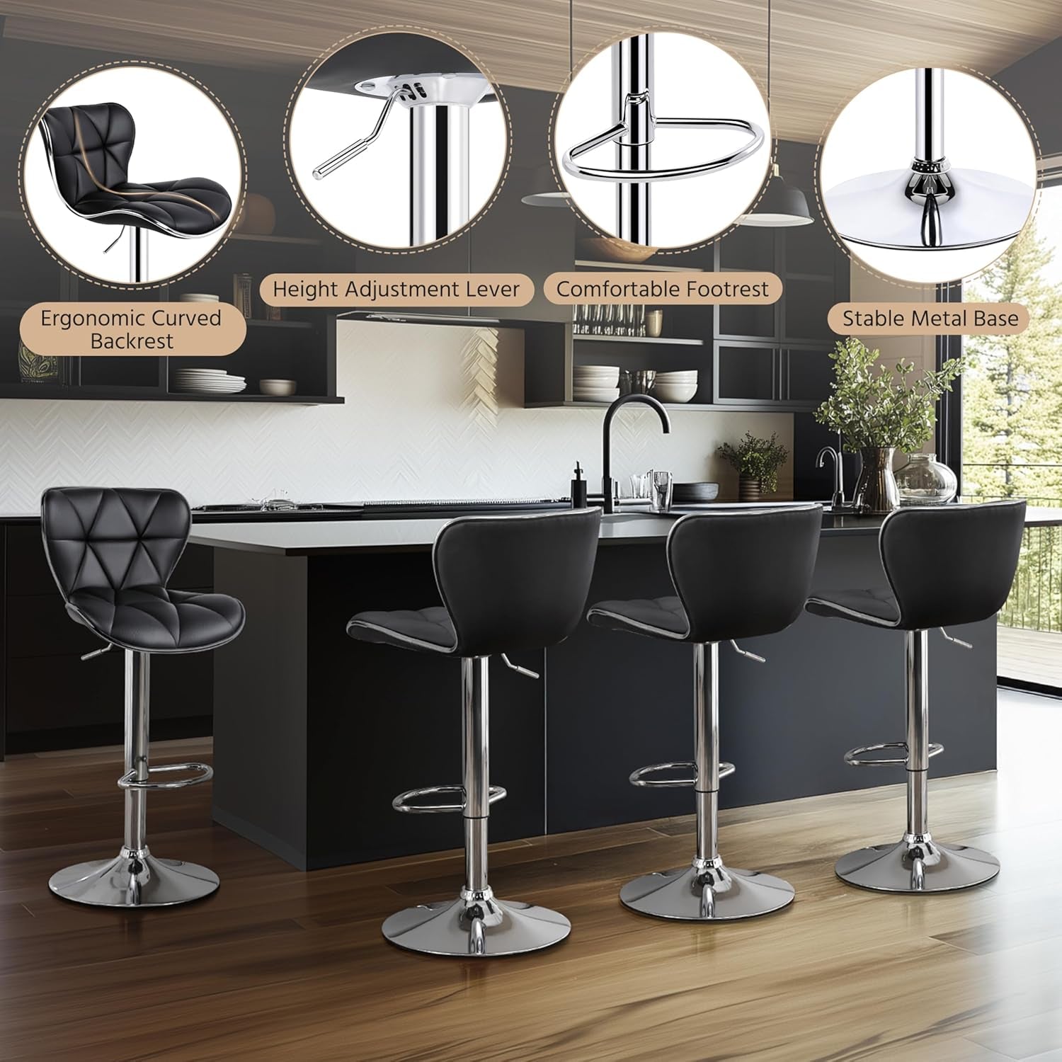 Adjustable Bar Stools Set Of 2 In Black PU Leather