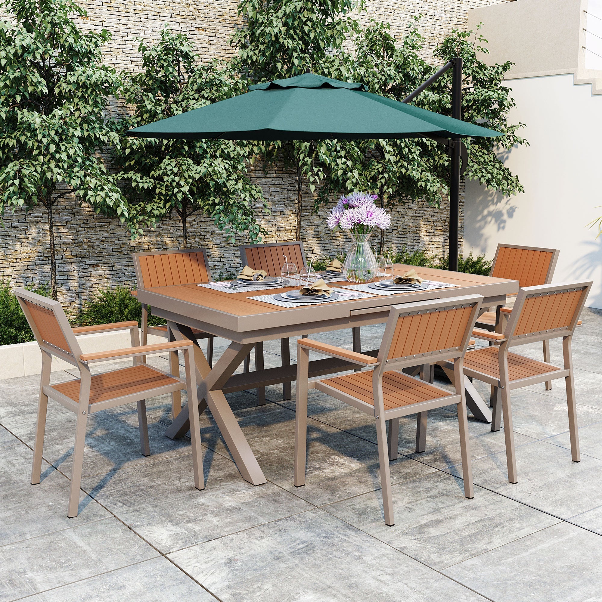 Flexible Outdoor Dining Set with Extendable Table and Six Chairs