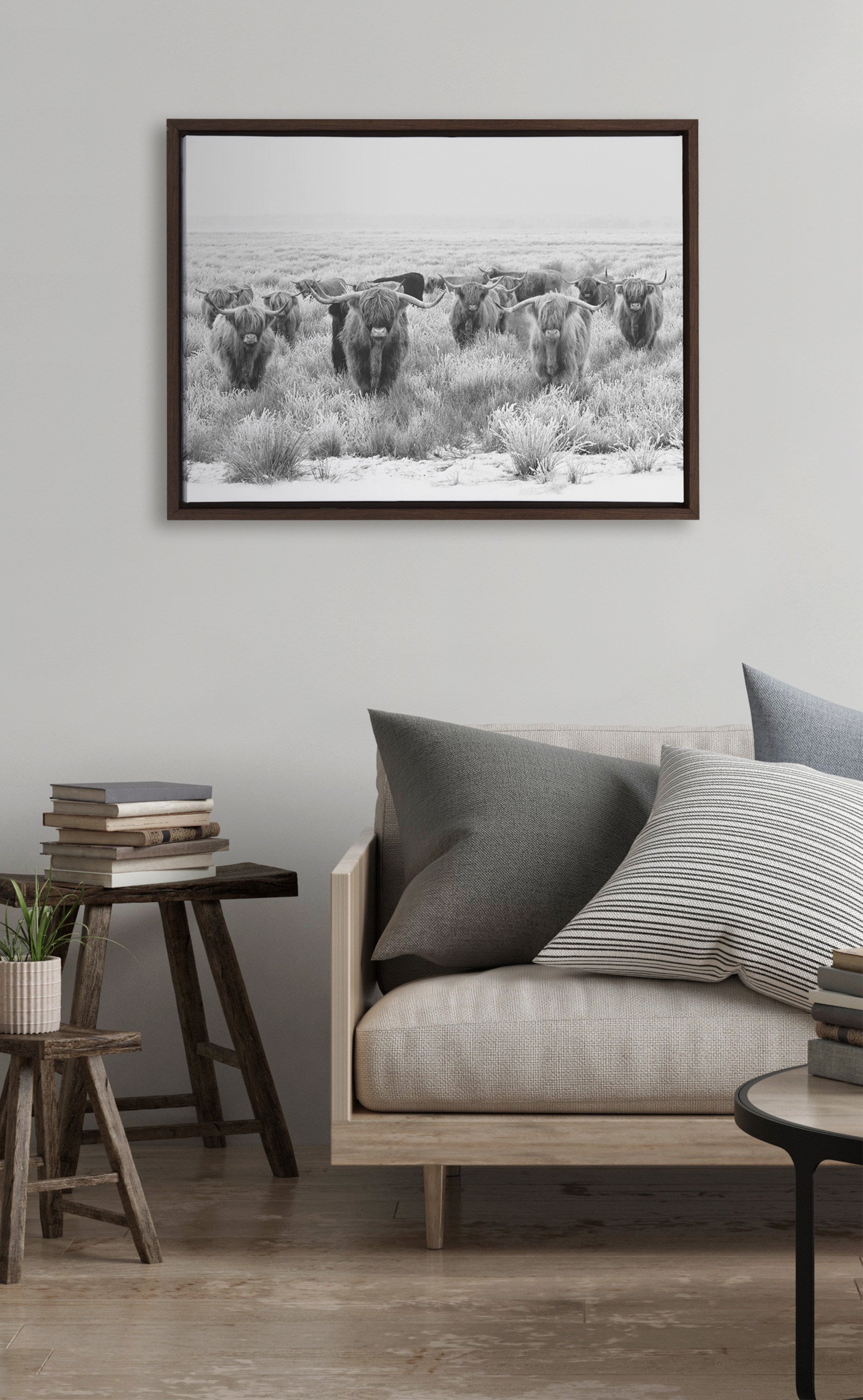 Sylvie Herd of Highland Cows Black and White Framed Canvas by The Creative Bunch Studio
