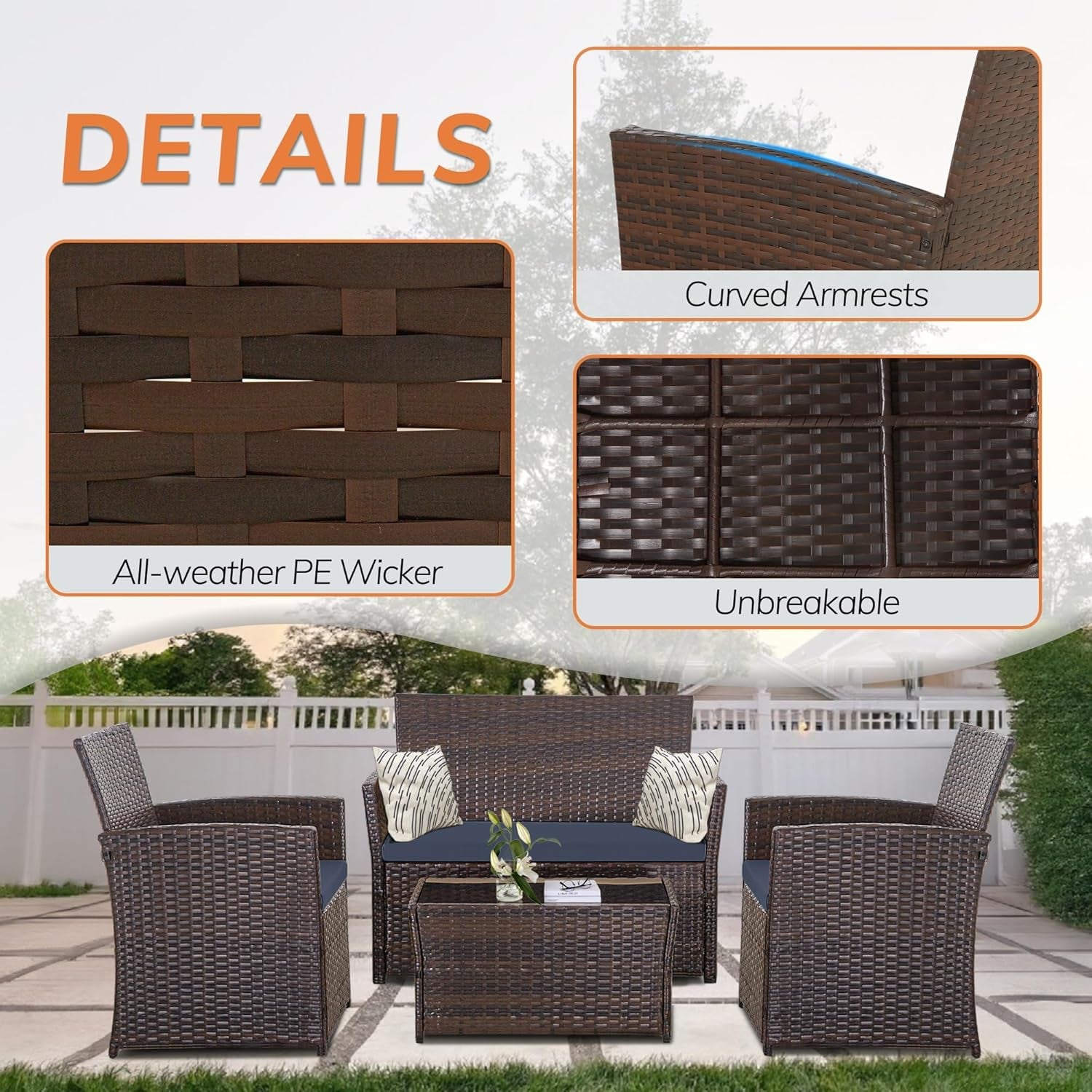 4 Piece Outdoor Patio Furniture Set Wicker Sofa With Coffee Table Gray Cushions