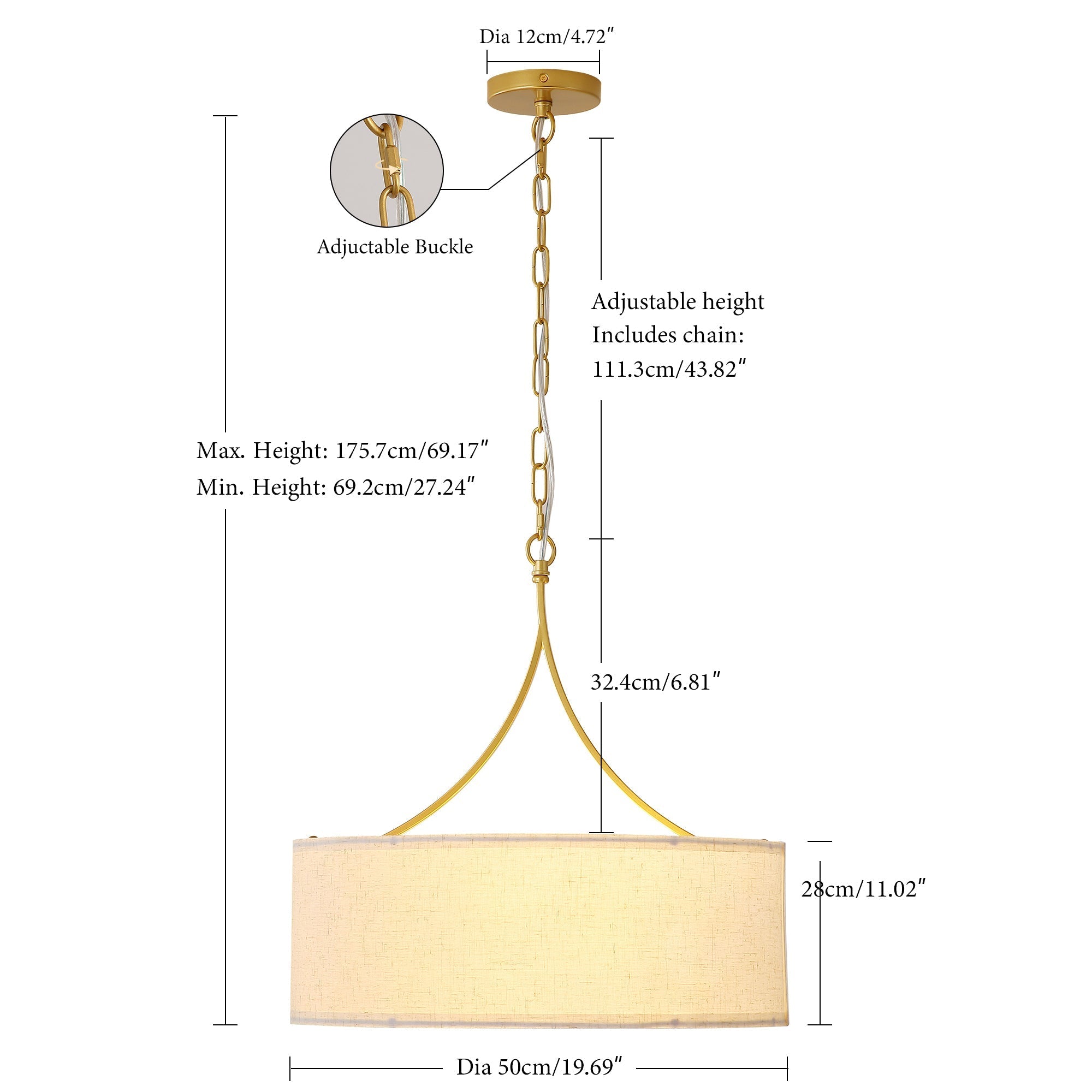 3-Light Gold Fabric Drum Pendant Light