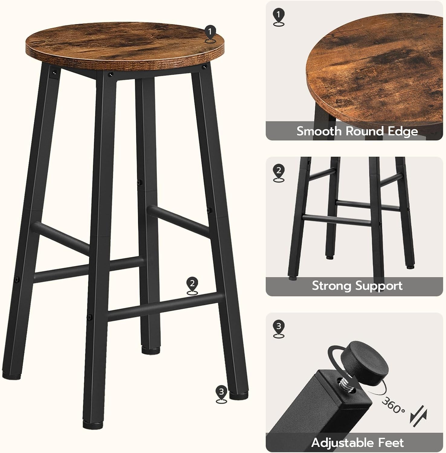 Bar Stools Set Of 2 24.8 Inch Rustic Brown Kitchen Island