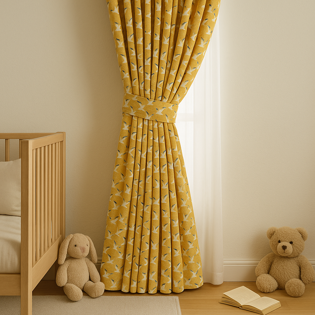 Seagull Flight Cotton Kids Curtains – Mustard Coastal Drapes, Light-Filtering or 100 % Blackout-2