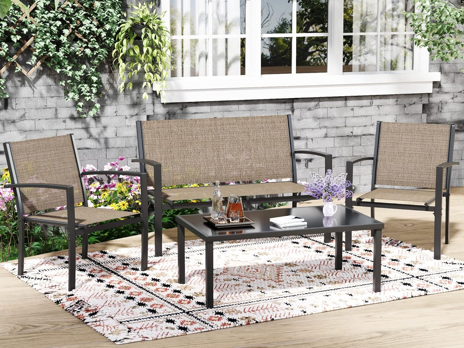 4 Piece Patio Furniture Set With Glass Coffee Table Brown