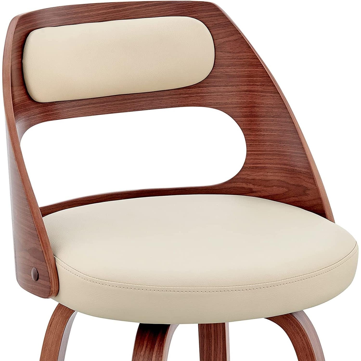 Cream Faux Leather Walnut Wood Bar Stool Swivel 360 Degree