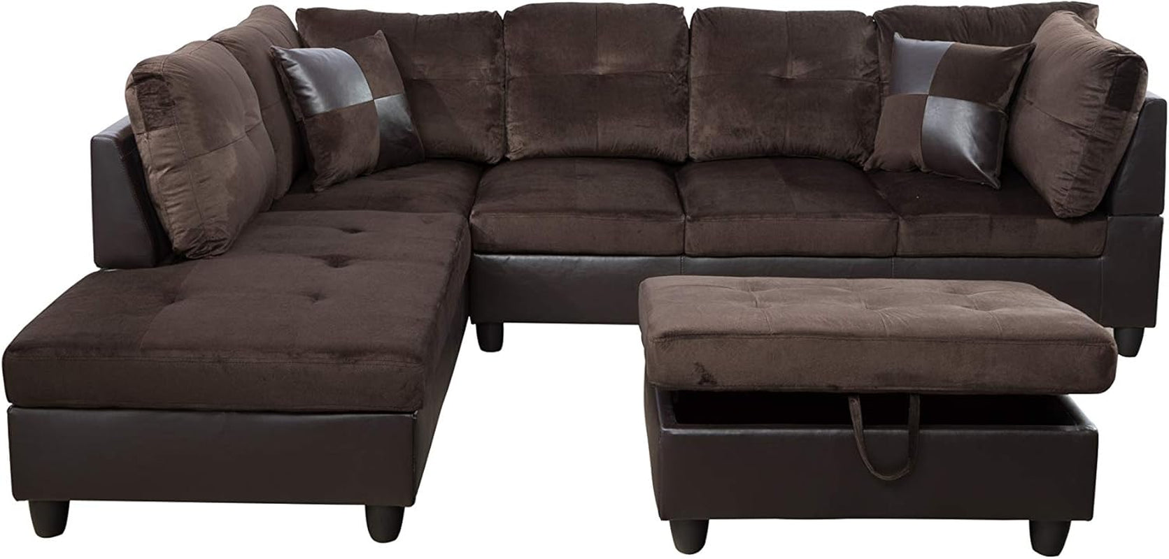 3-Piece Contemporary Sectional Sofa With Chaise And Storage Ottoman Chocolate