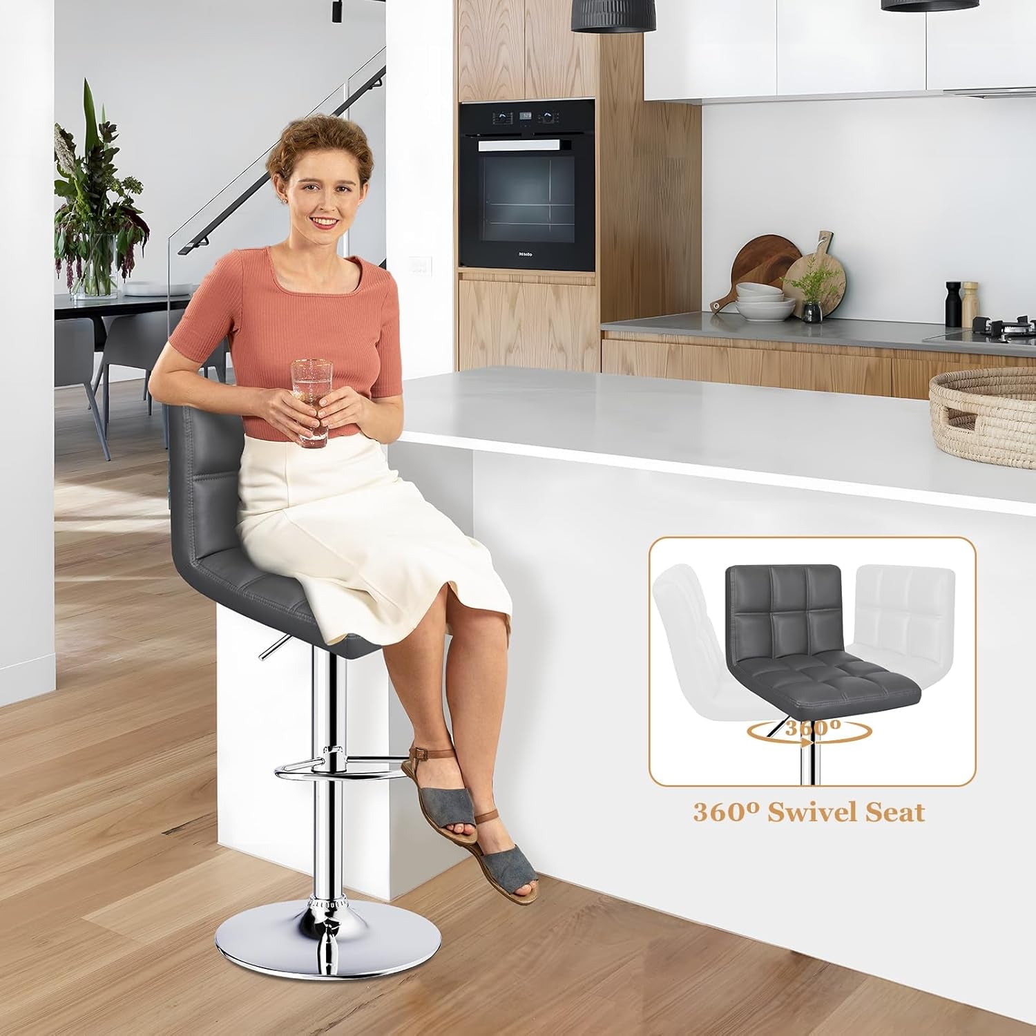 Grey Adjustable Swivel Bar Stools Set of 2 With PU Leather