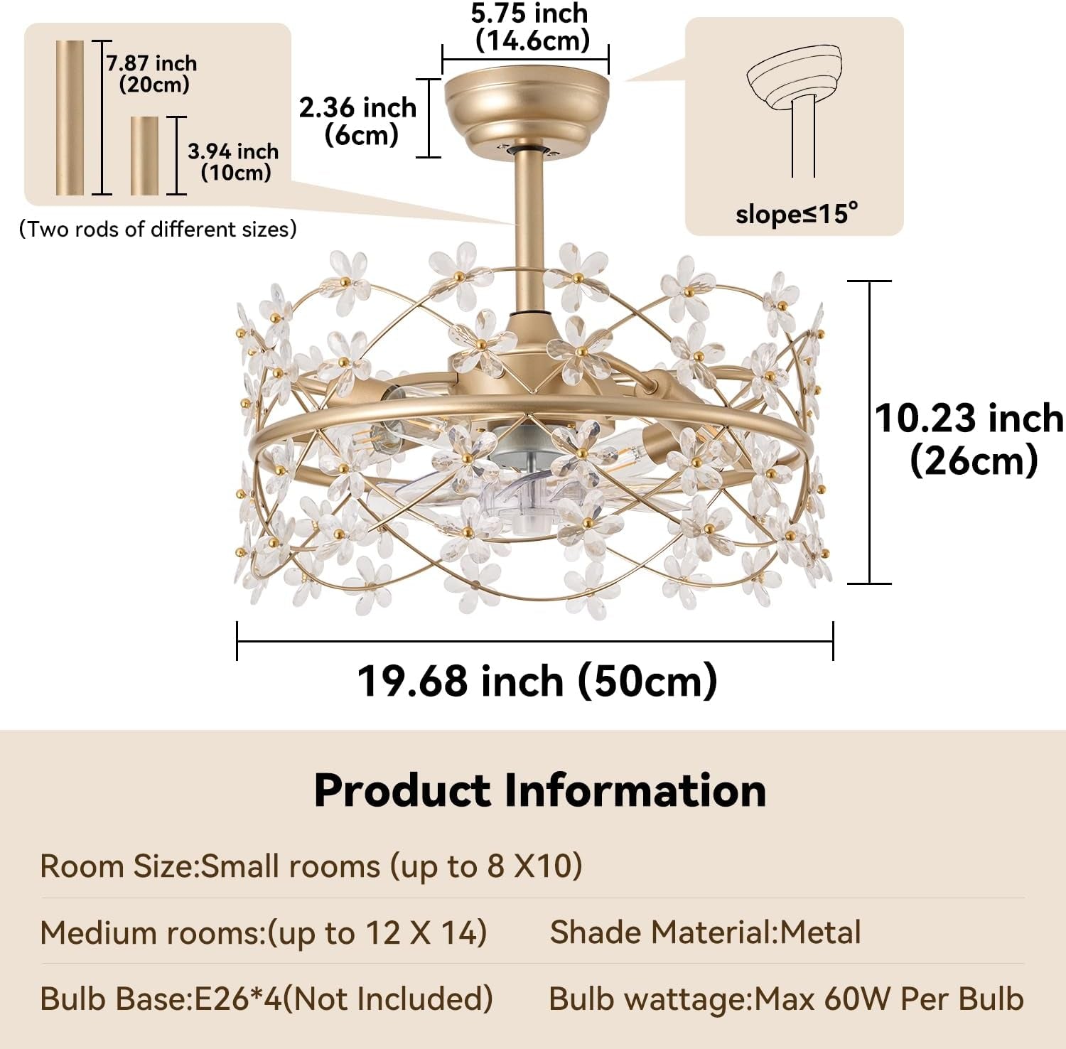 20 Inch Gold Caged Ceiling Fan With Light Remote Control 6 Speed Flower Chandelier Fandelier For Girls Bedroom
