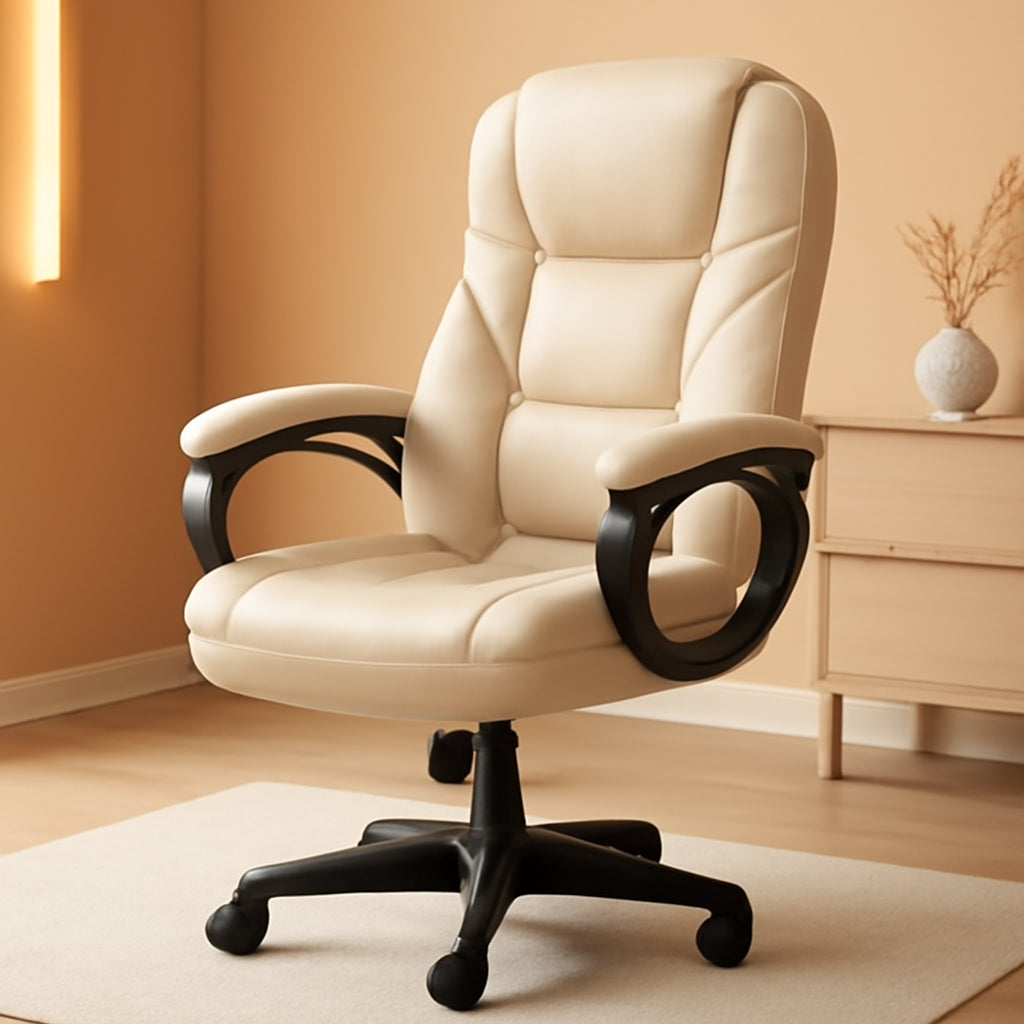 Beige High Back Office Chair With Adjustable Height And Lumbar Support