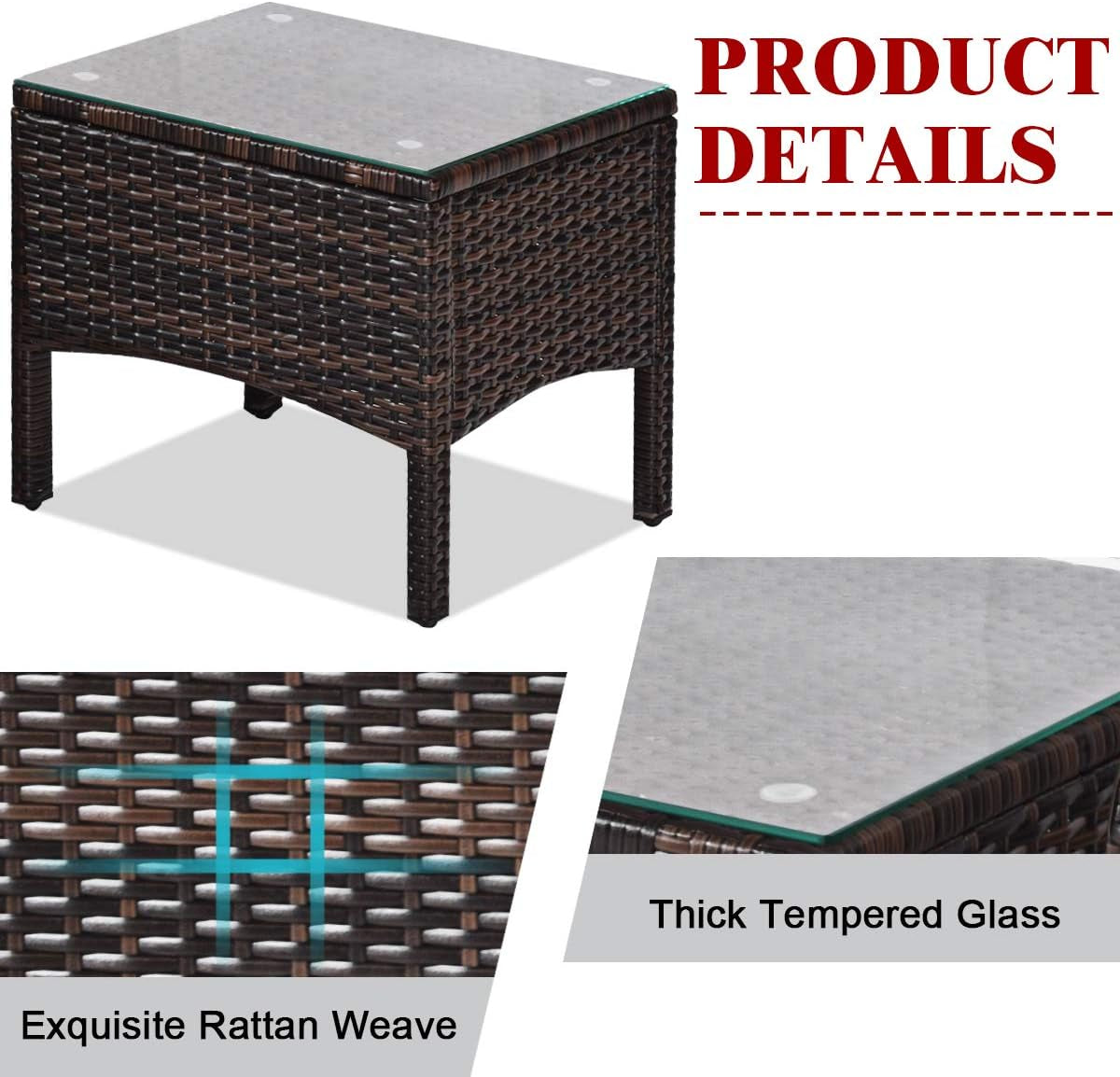 Red 3 Piece Outdoor Patio Furniture Set With Wicker Chairs And Glass Top Coffee Table