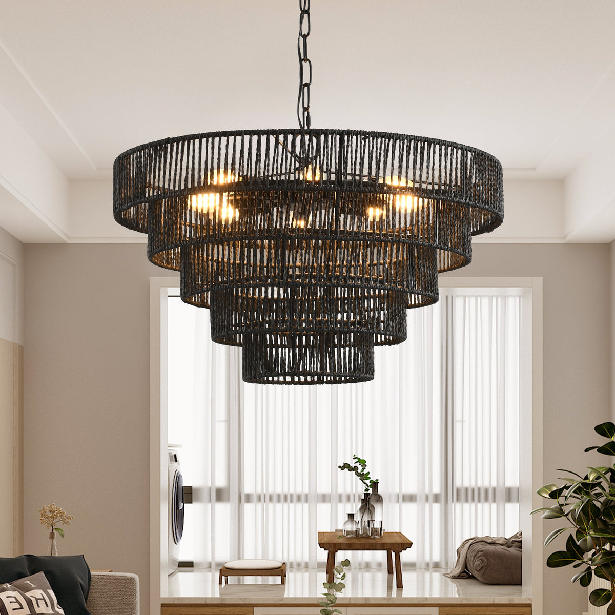 24" Rustic 5-Tier Black Pendant Light Chandelier