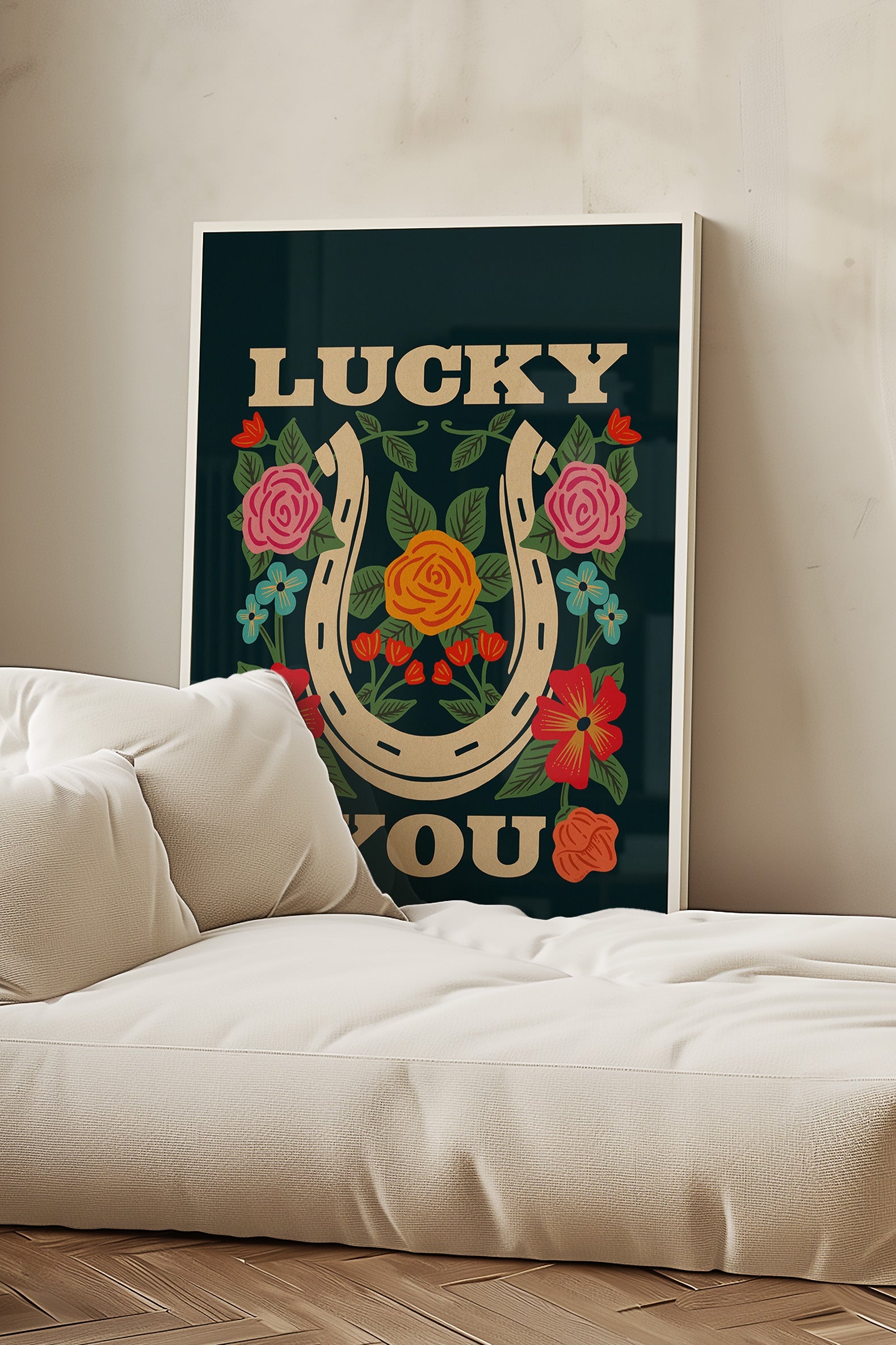 Lucky You Floral Horseshoe Art Print - Navy
