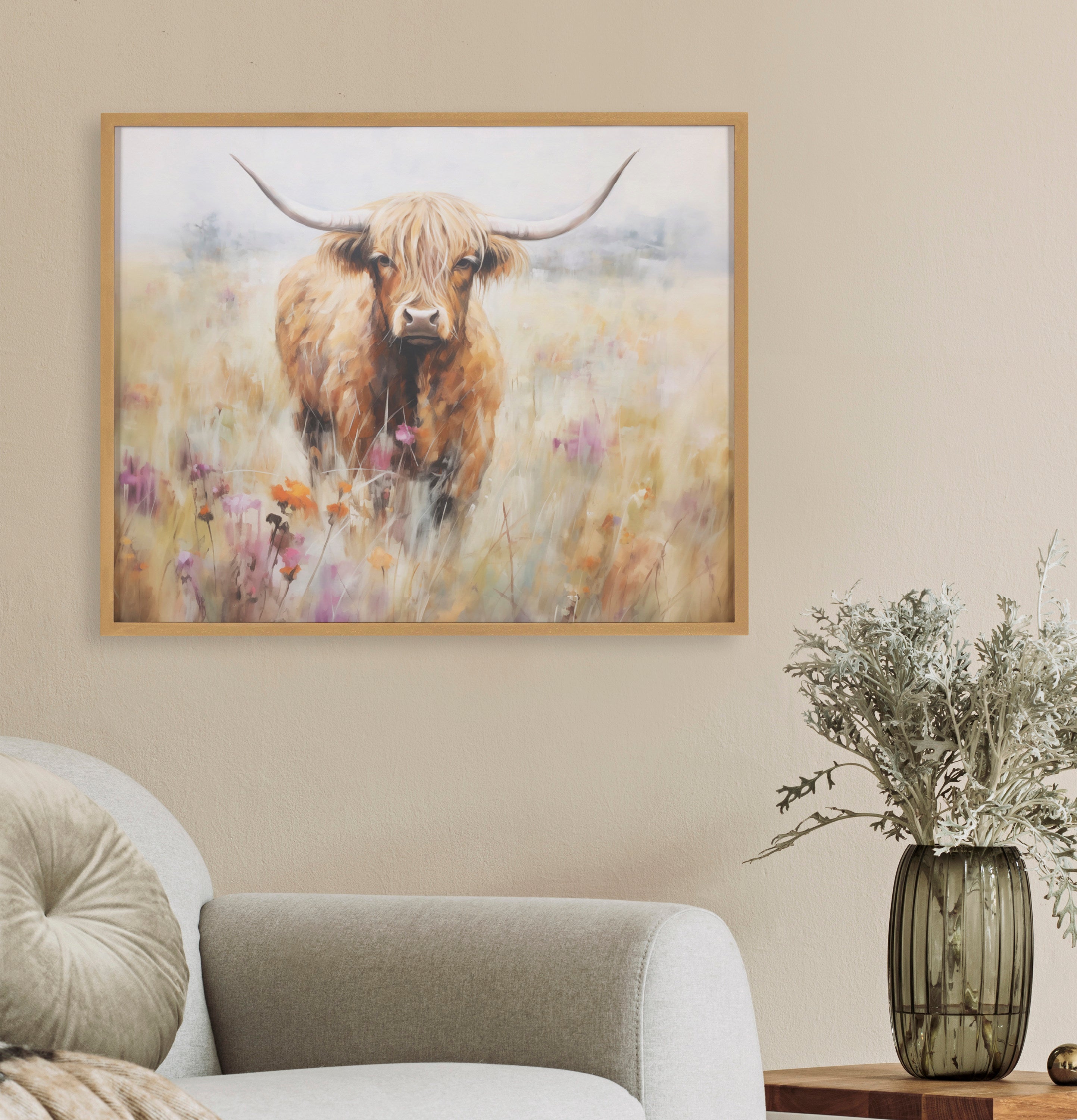 Gallery Highland Cow in a Flower Field Landscape Print by The Creative Bunch Studio