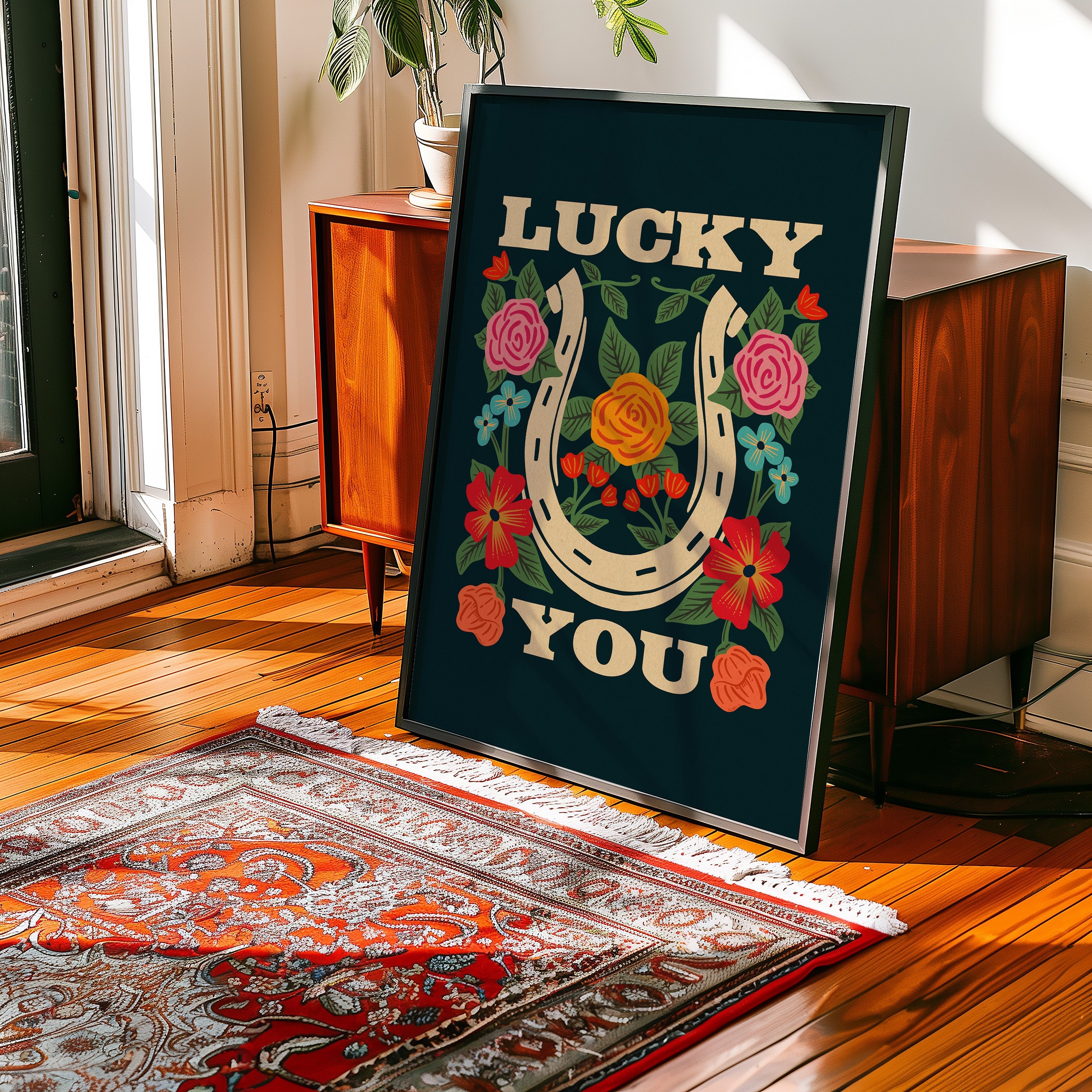 Lucky You Floral Horseshoe Art Print - Navy