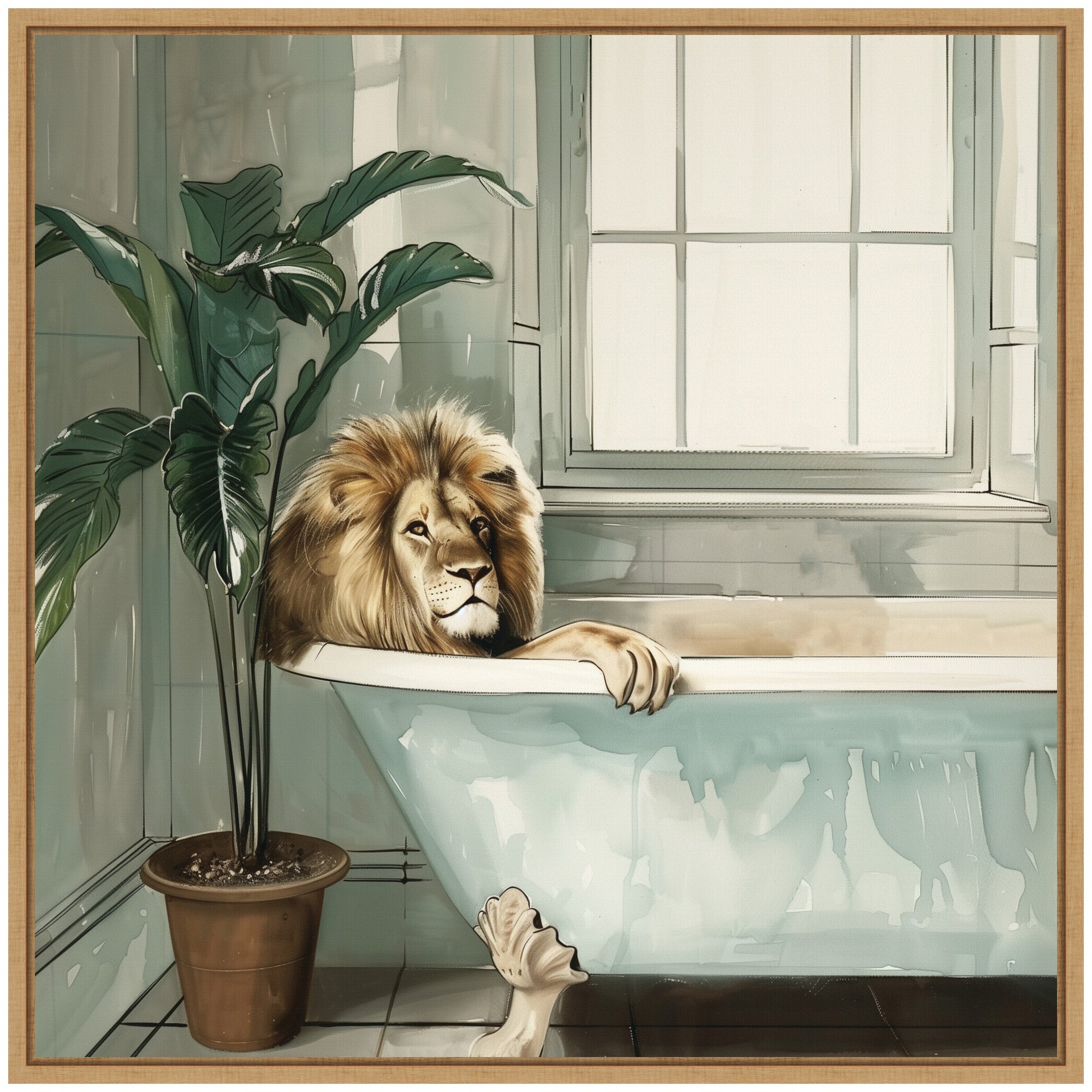 Sylvie Lion Relaxing in Tub Zen Bathroom Framed Canvas by The Creative Bunch Studio