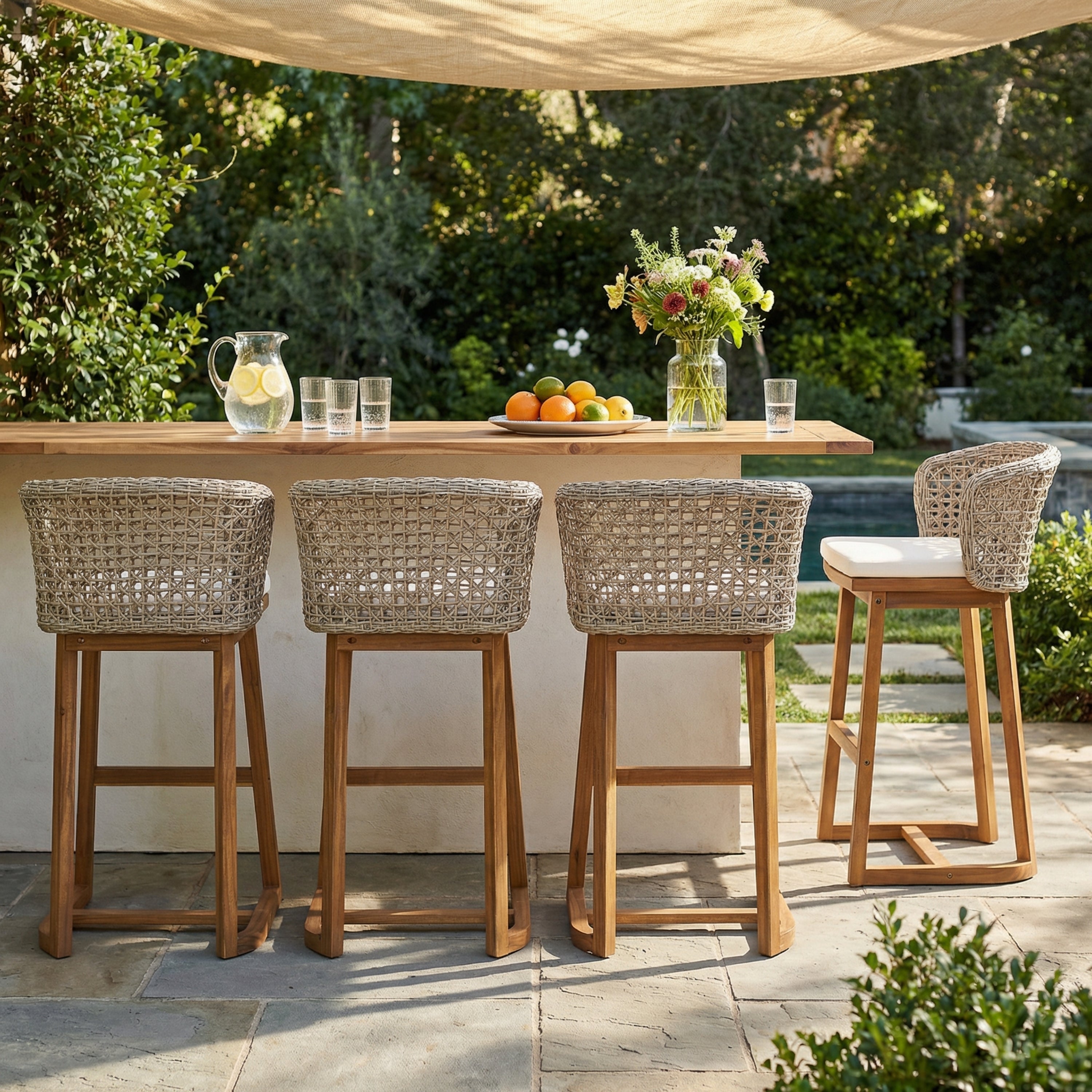 Outdoor Acacia Wood Bar Stools with Cushions (Set of 4)