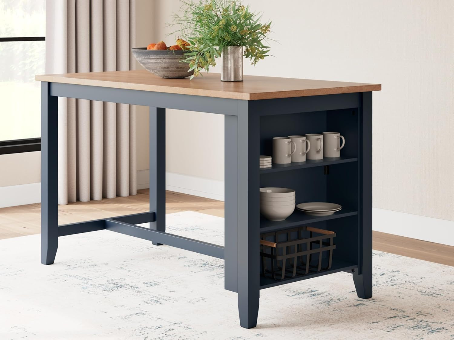 Counter Height Dining Table With Shelves In Blue And Brown
