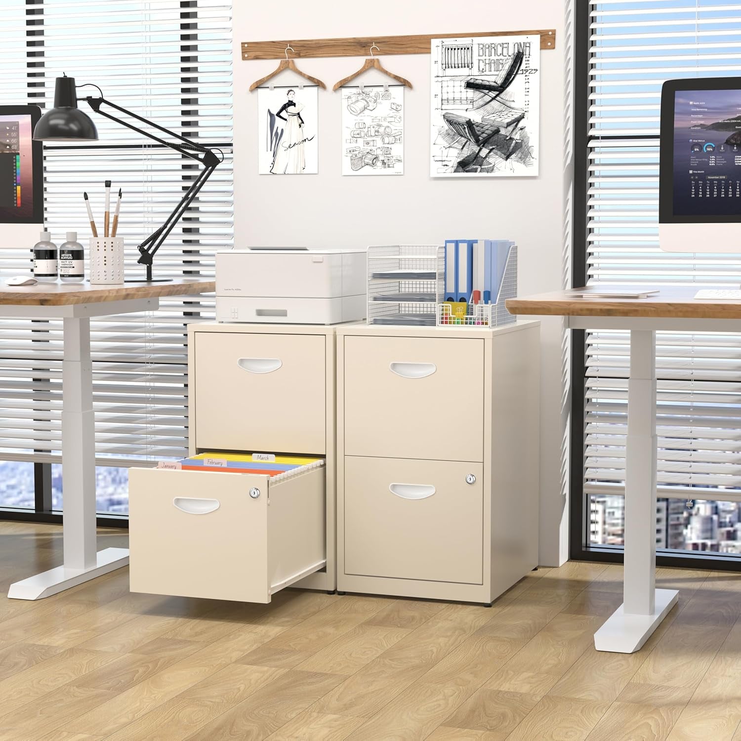 Cream Metal 2 Drawer Locking File Cabinet For Hanging Files A4 And Letter Documents