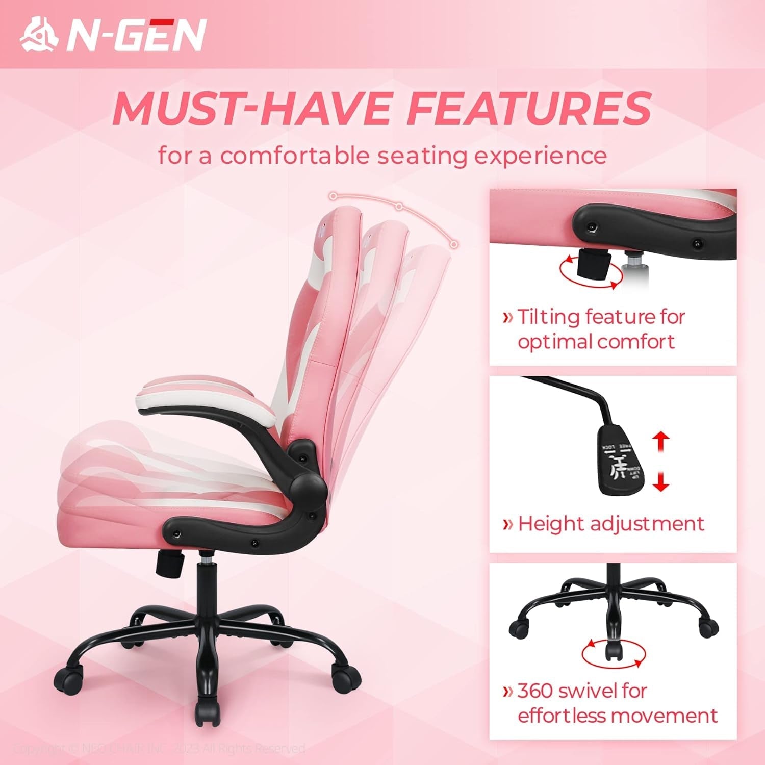 Pink Ergonomic Gaming Chair With Adjustable Lumbar Support