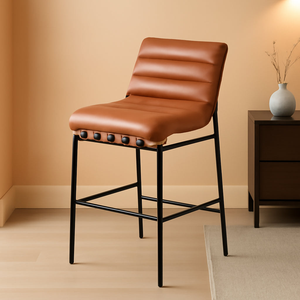 Burke Collection Modern Cognac Vegan Leather Bar Stool Matte Black Frame