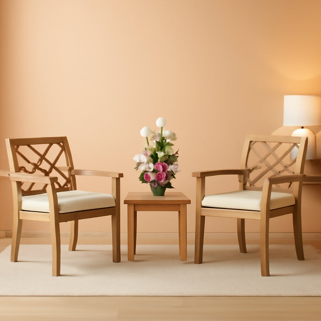 3 Piece Outdoor Patio Furniture Set Acacia Wood Cushioned Chairs And Coffee Table