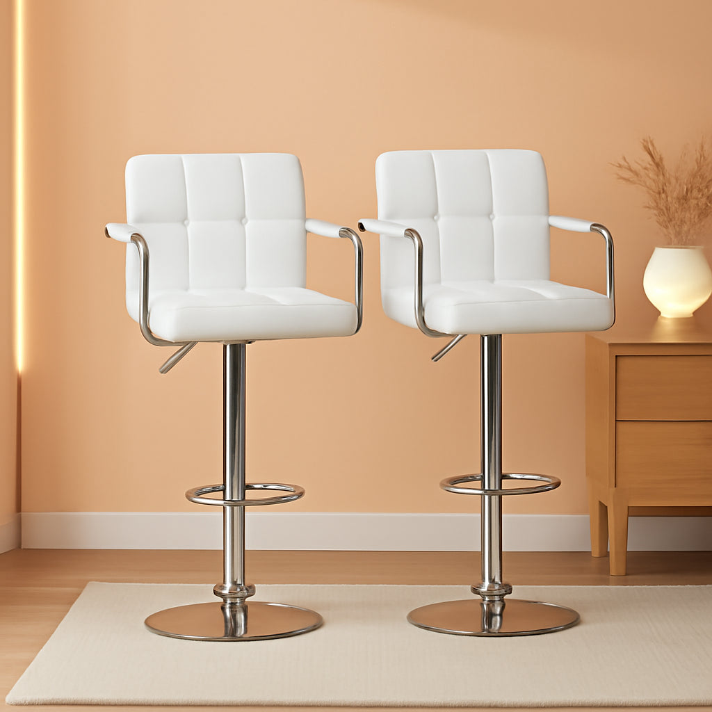 White PU Leather Adjustable Swivel Bar Stools Set of 2