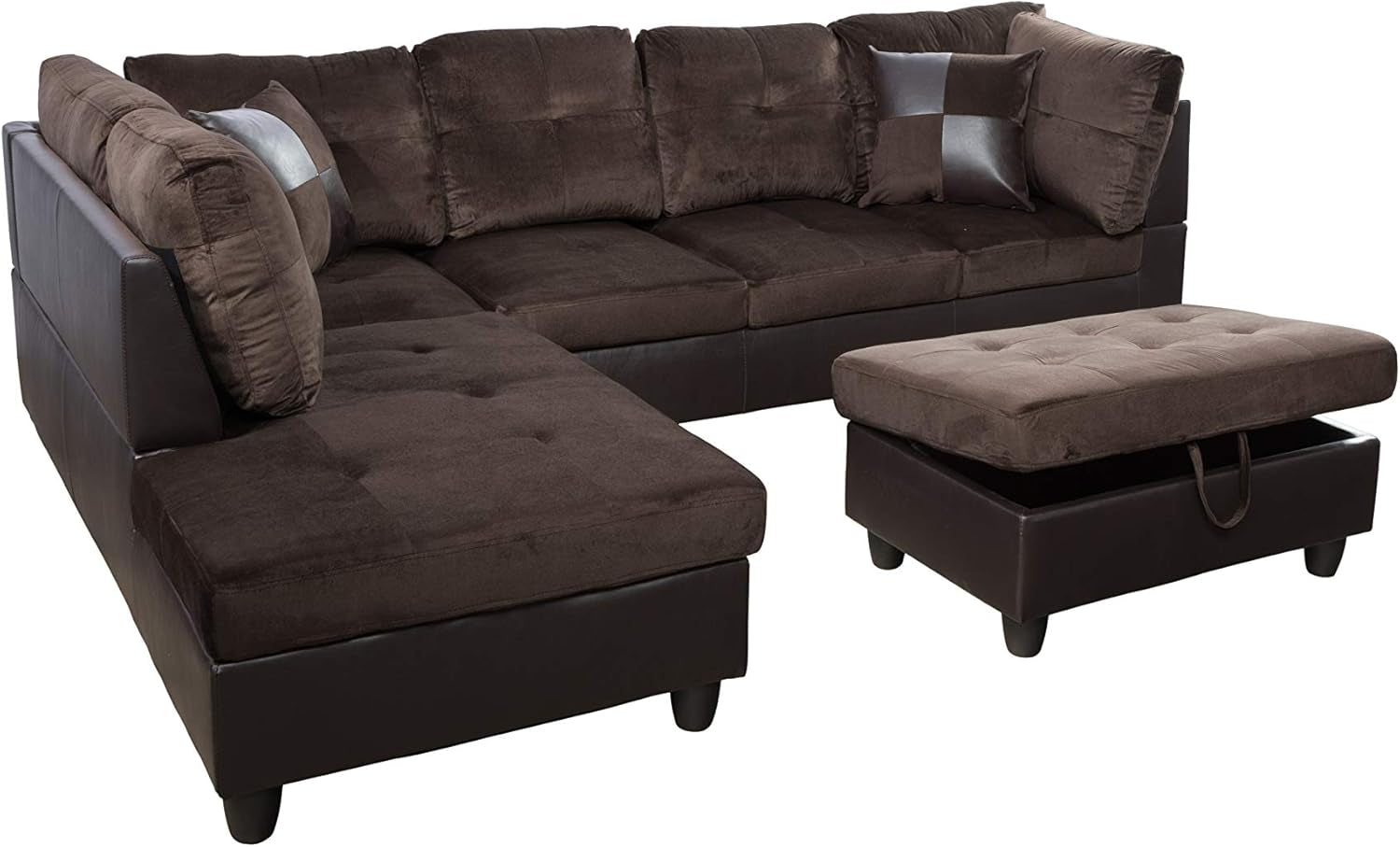 3-Piece Contemporary Sectional Sofa With Chaise And Storage Ottoman Chocolate