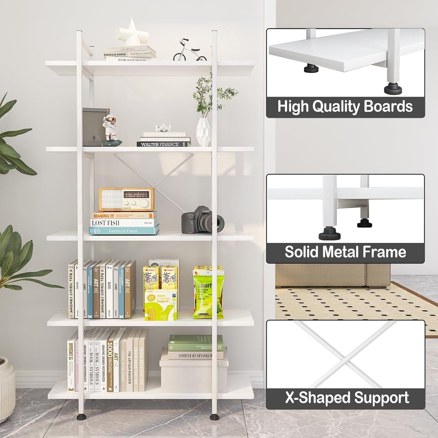 White 5 Tier Wooden Bookcase Tall Storage Organizer