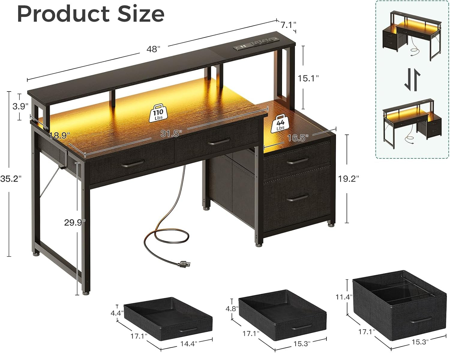 48-Inch Black Gaming Desk With LED Lights And Power Outlets